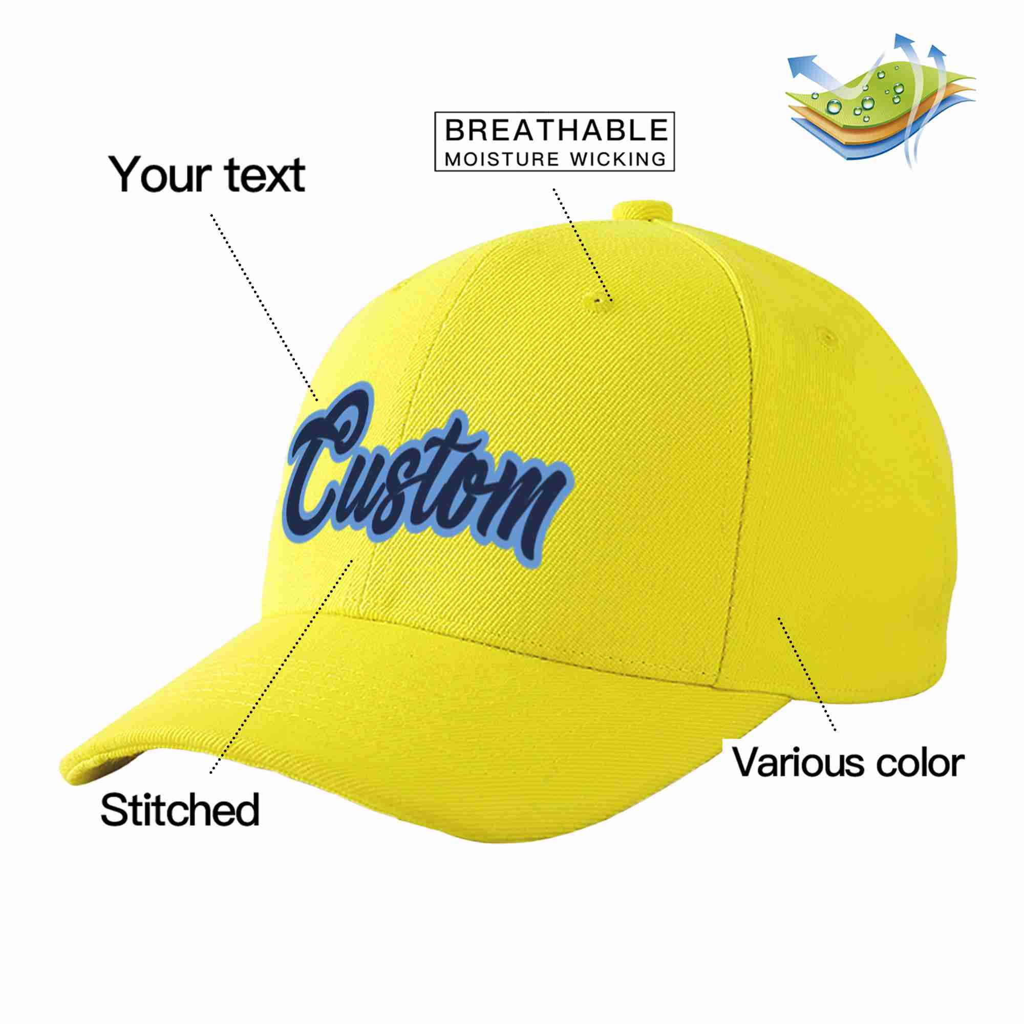 Custom Yellow Navy-Light Blue Curved Eaves Sport Baseball Cap Design for Men/Women/Youth