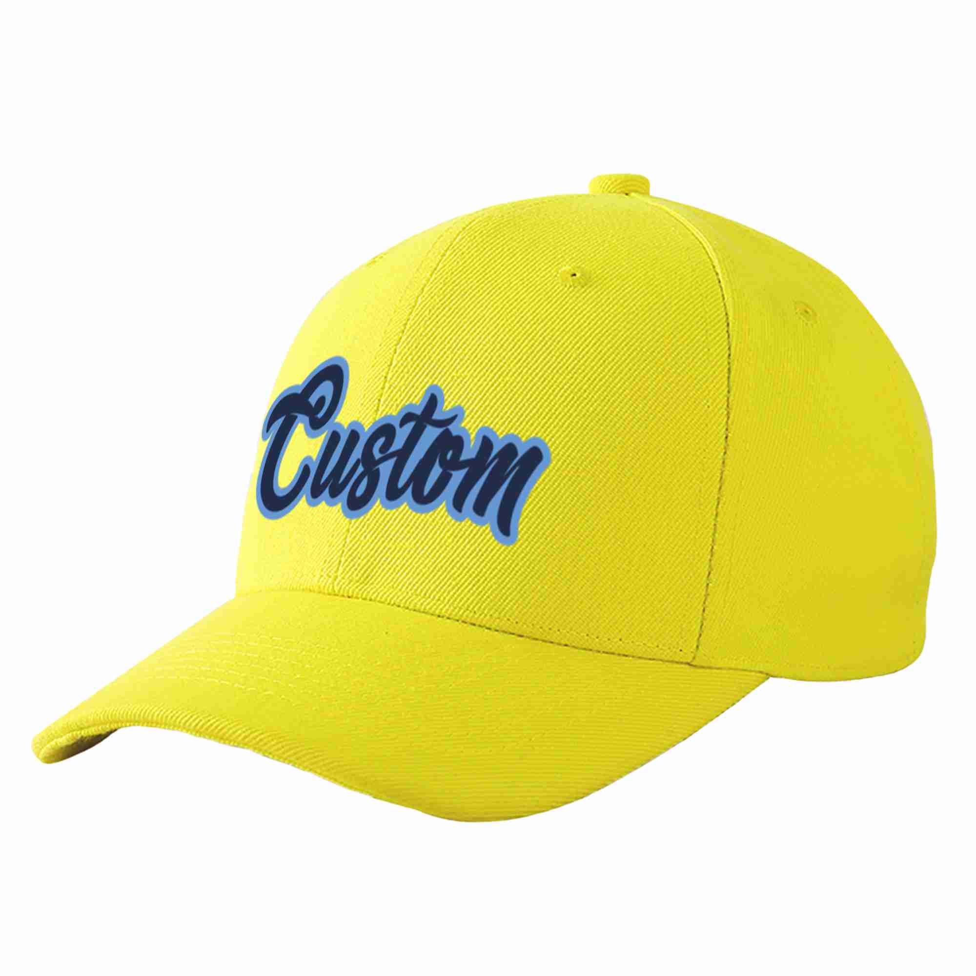 Custom Yellow Navy-Light Blue Curved Eaves Sport Baseball Cap Design for Men/Women/Youth