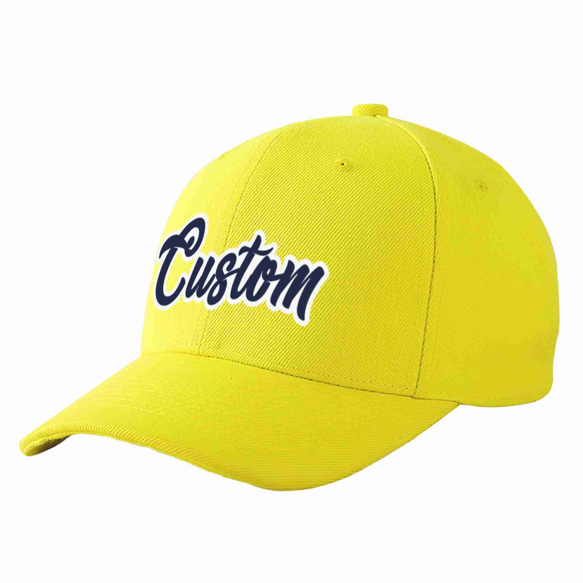 Conception personnalisée de casquette de baseball de sport incurvée jaune marine-blanc pour hommes/femmes/jeunes