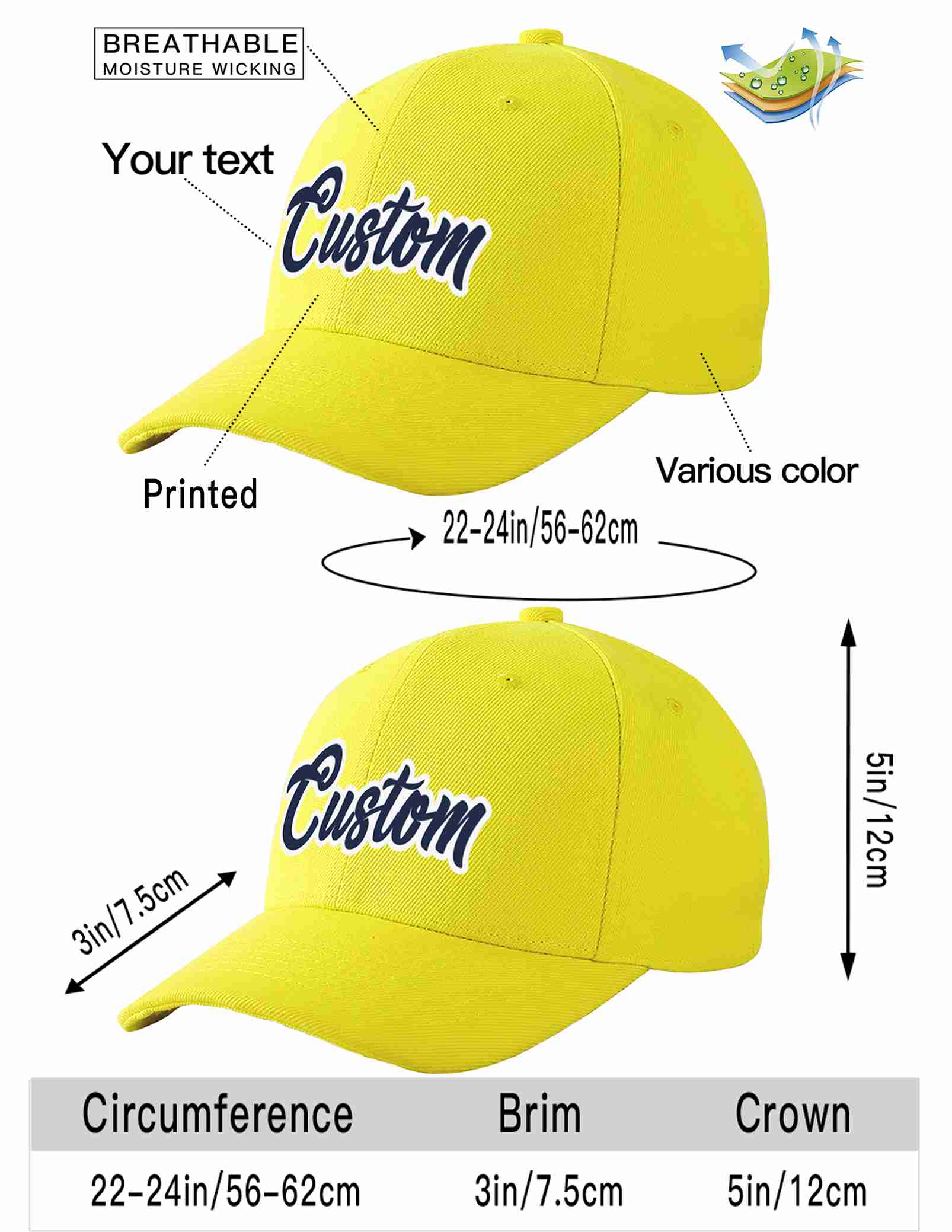 Custom Yellow Navy-White Curved Eaves Sport Baseball Cap Design for Men/Women/Youth