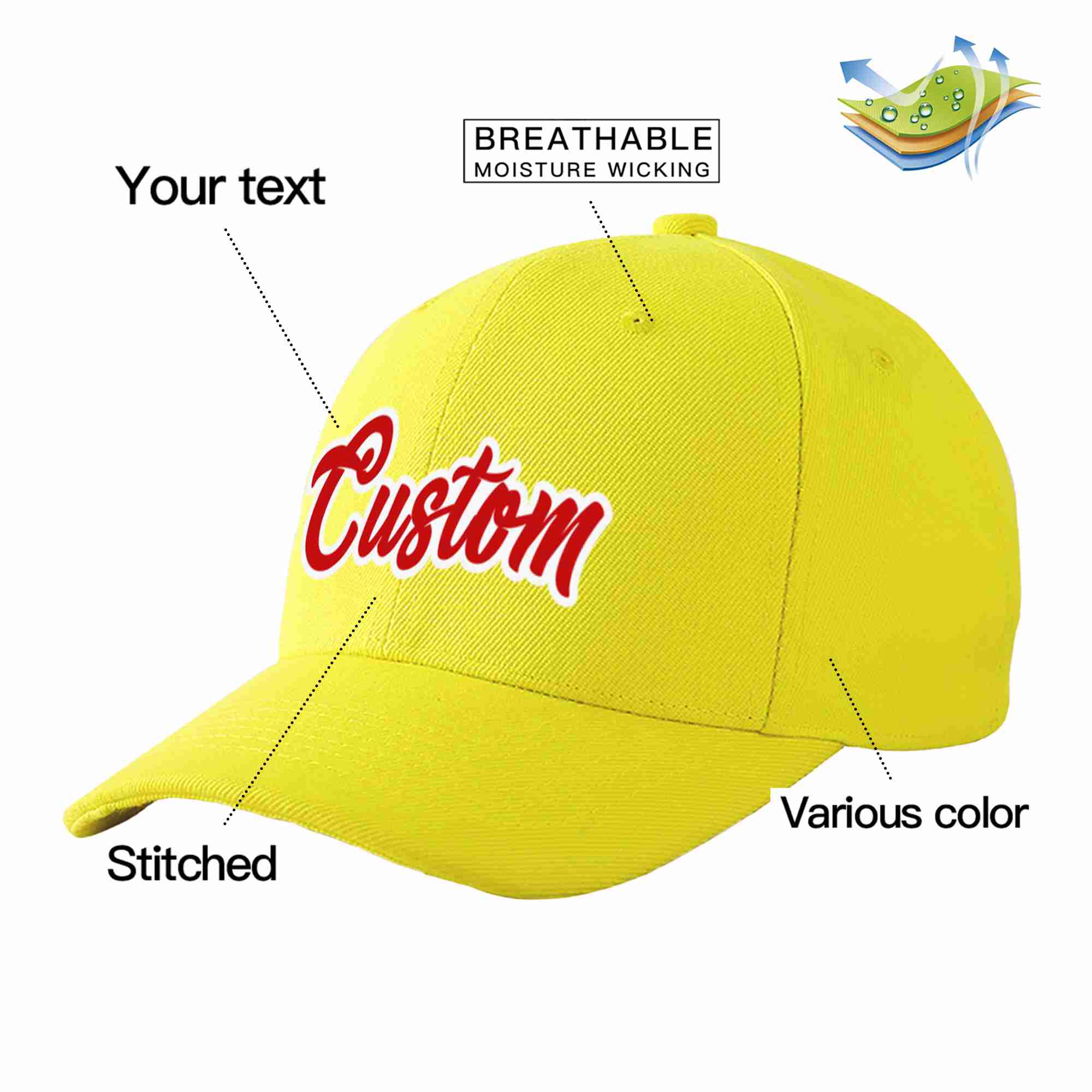 Conception personnalisée de casquette de baseball de sport incurvée jaune rouge-blanc pour hommes/femmes/jeunes