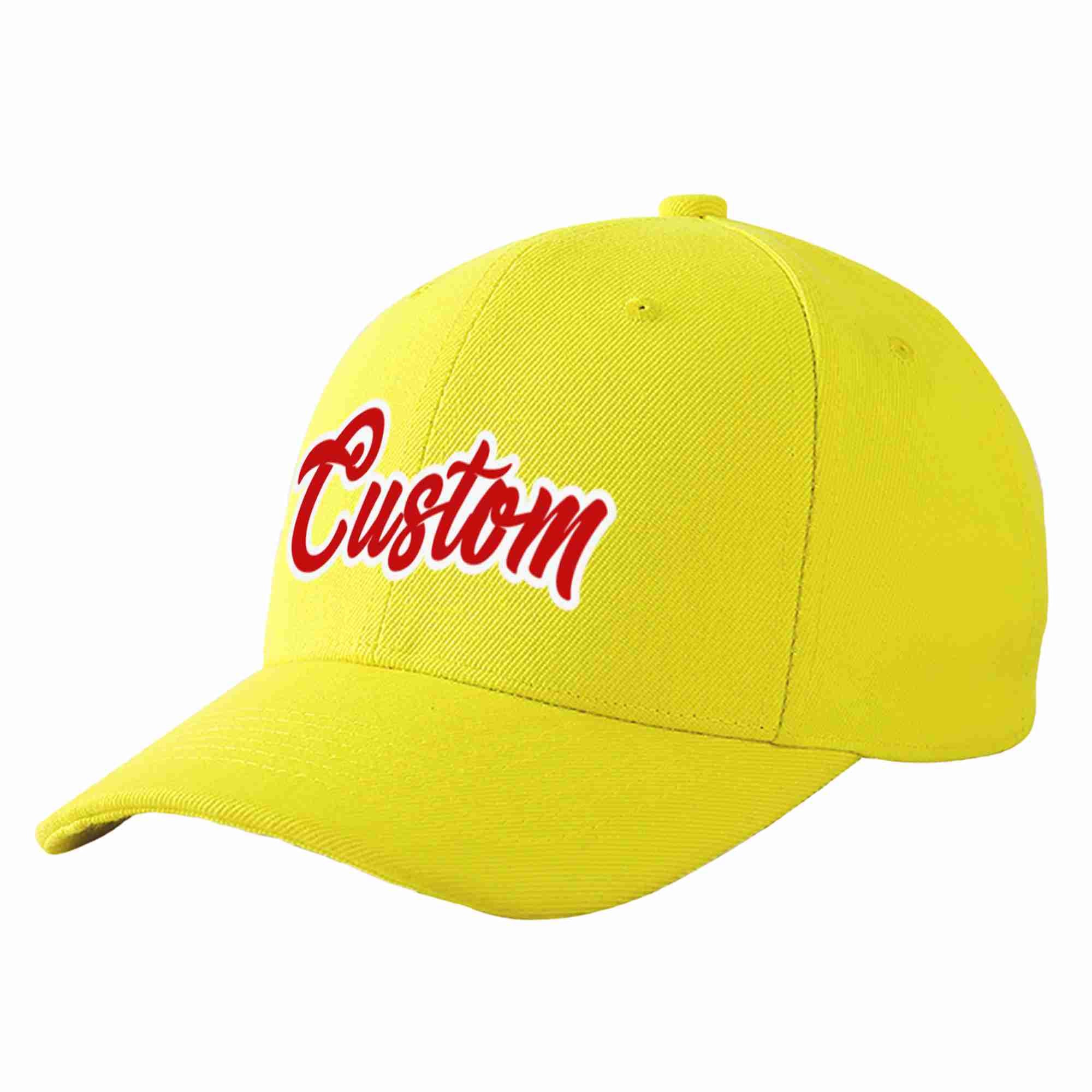 Conception personnalisée de casquette de baseball de sport incurvée jaune rouge-blanc pour hommes/femmes/jeunes