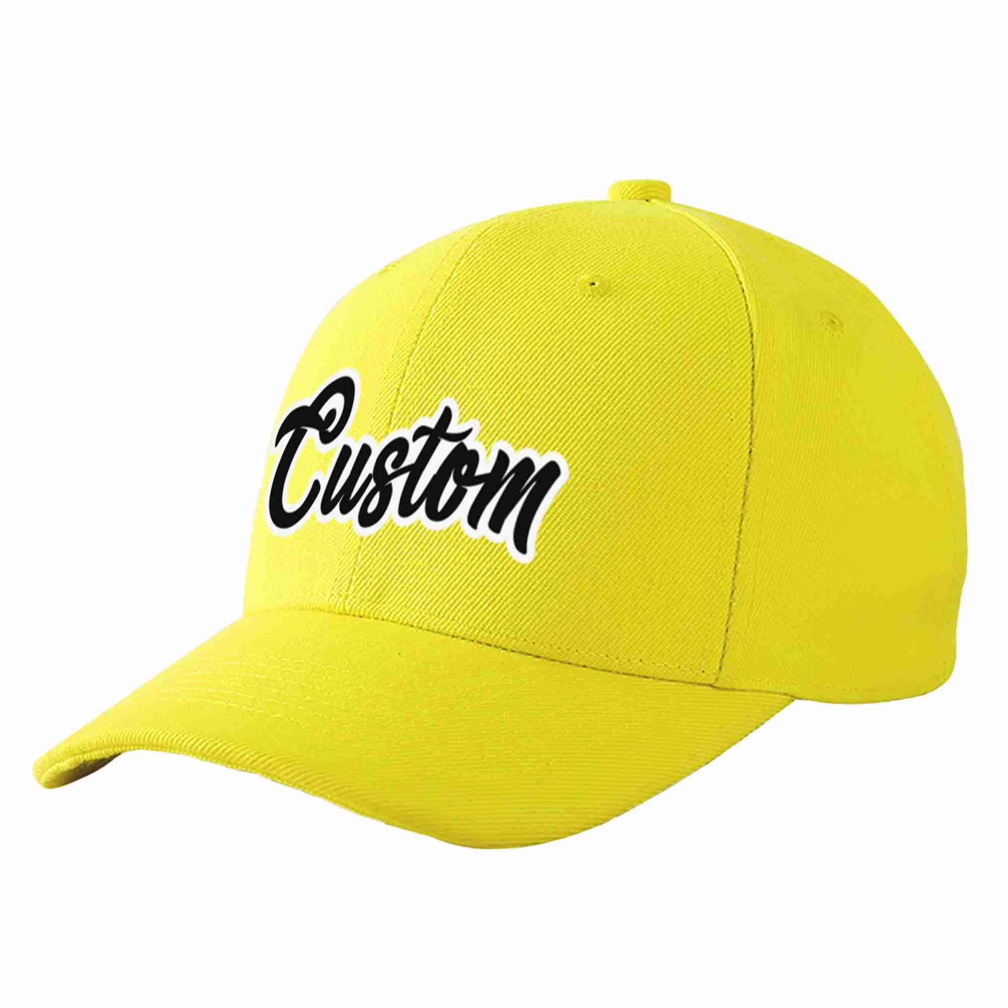 Conception personnalisée de casquette de baseball de sport incurvée jaune noir-blanc pour hommes/femmes/jeunes