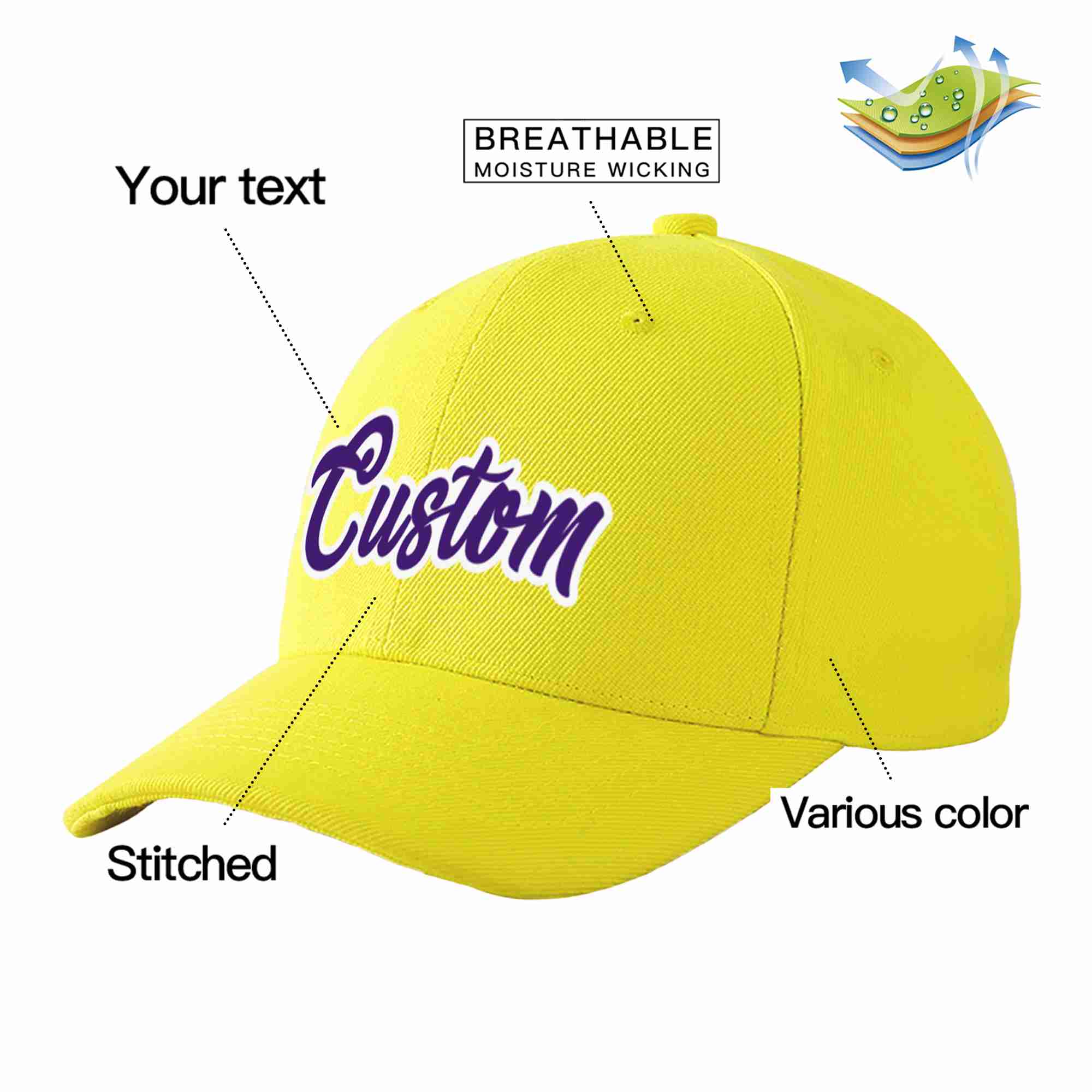 Conception personnalisée de casquette de baseball de sport incurvée jaune violet-blanc pour hommes/femmes/jeunes