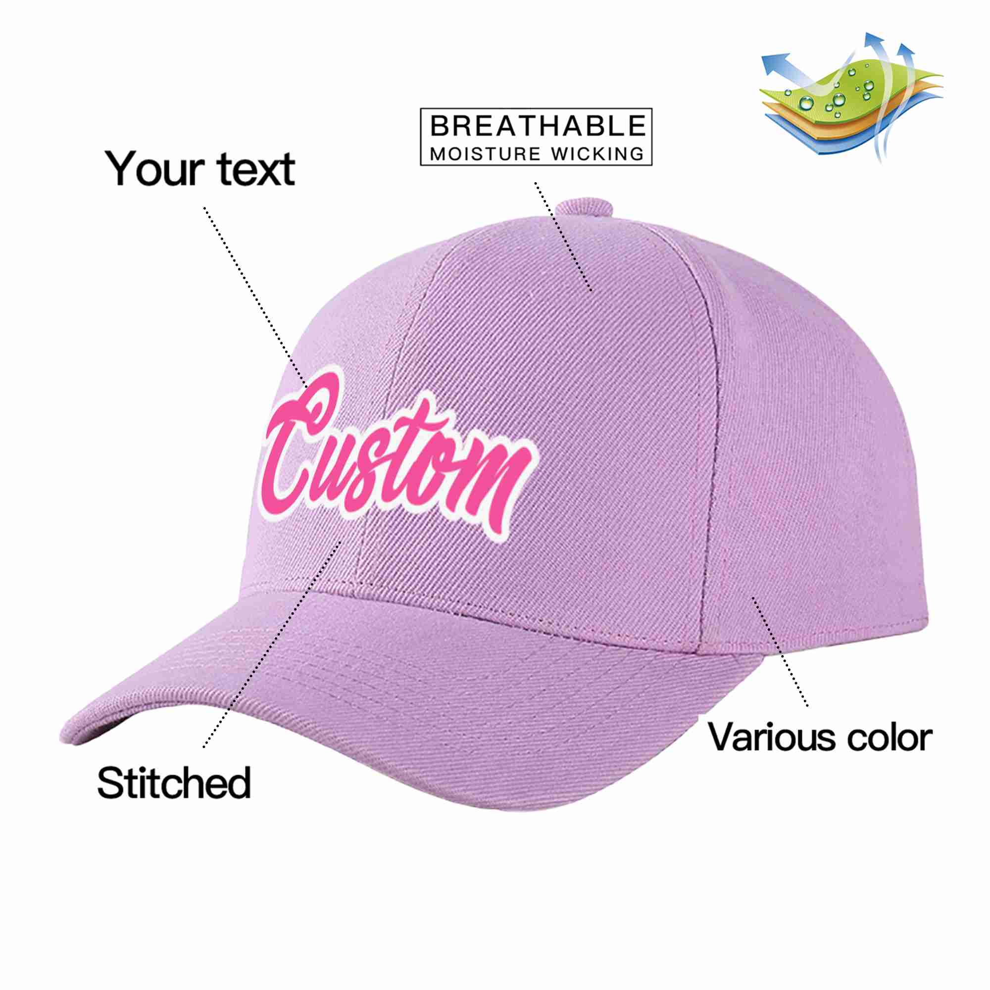 Conception personnalisée de casquette de baseball de sport incurvée violet clair rose-blanc pour hommes/femmes/jeunes