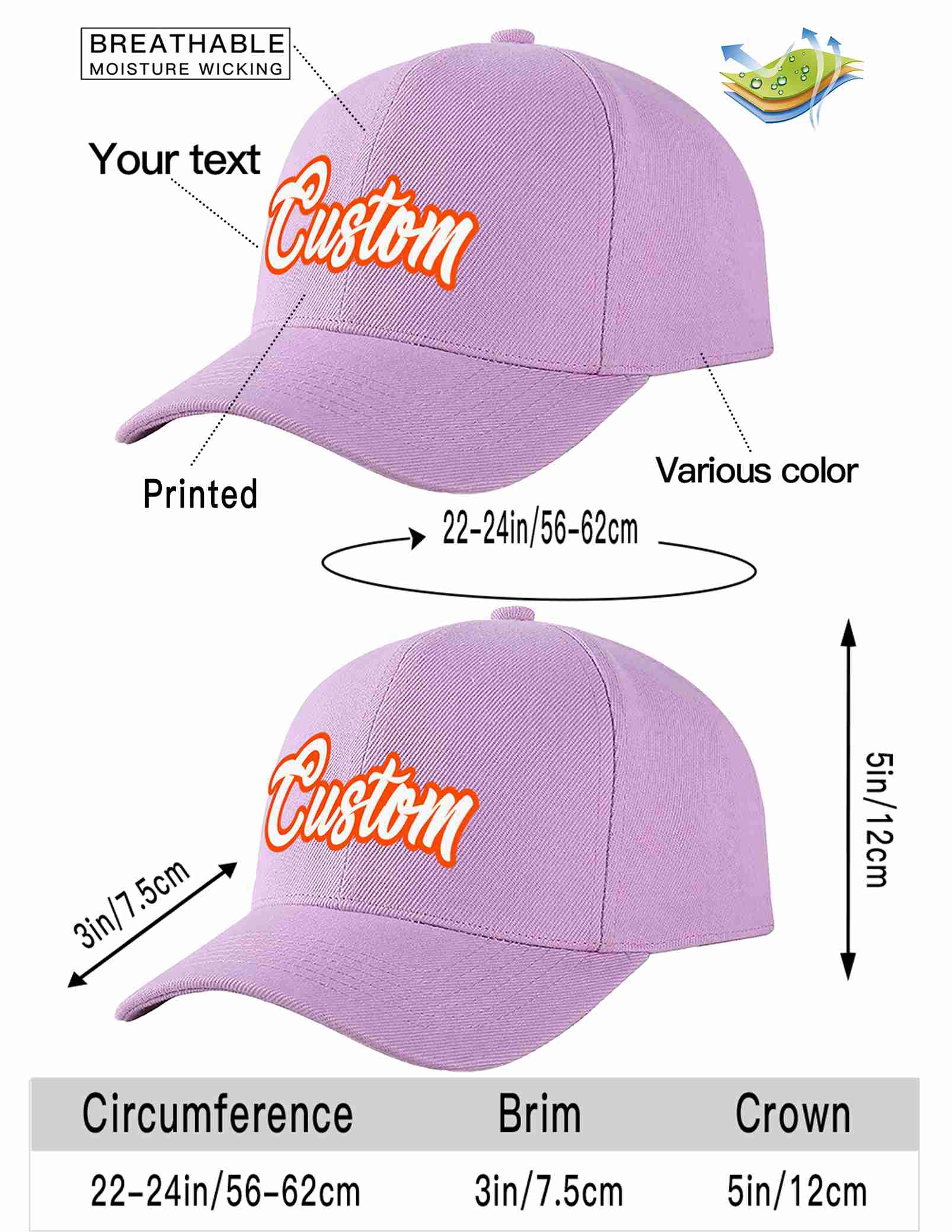 Custom Light Purple White-Orange Curved Eaves Sport Baseball Cap Design for Men/Women/Youth