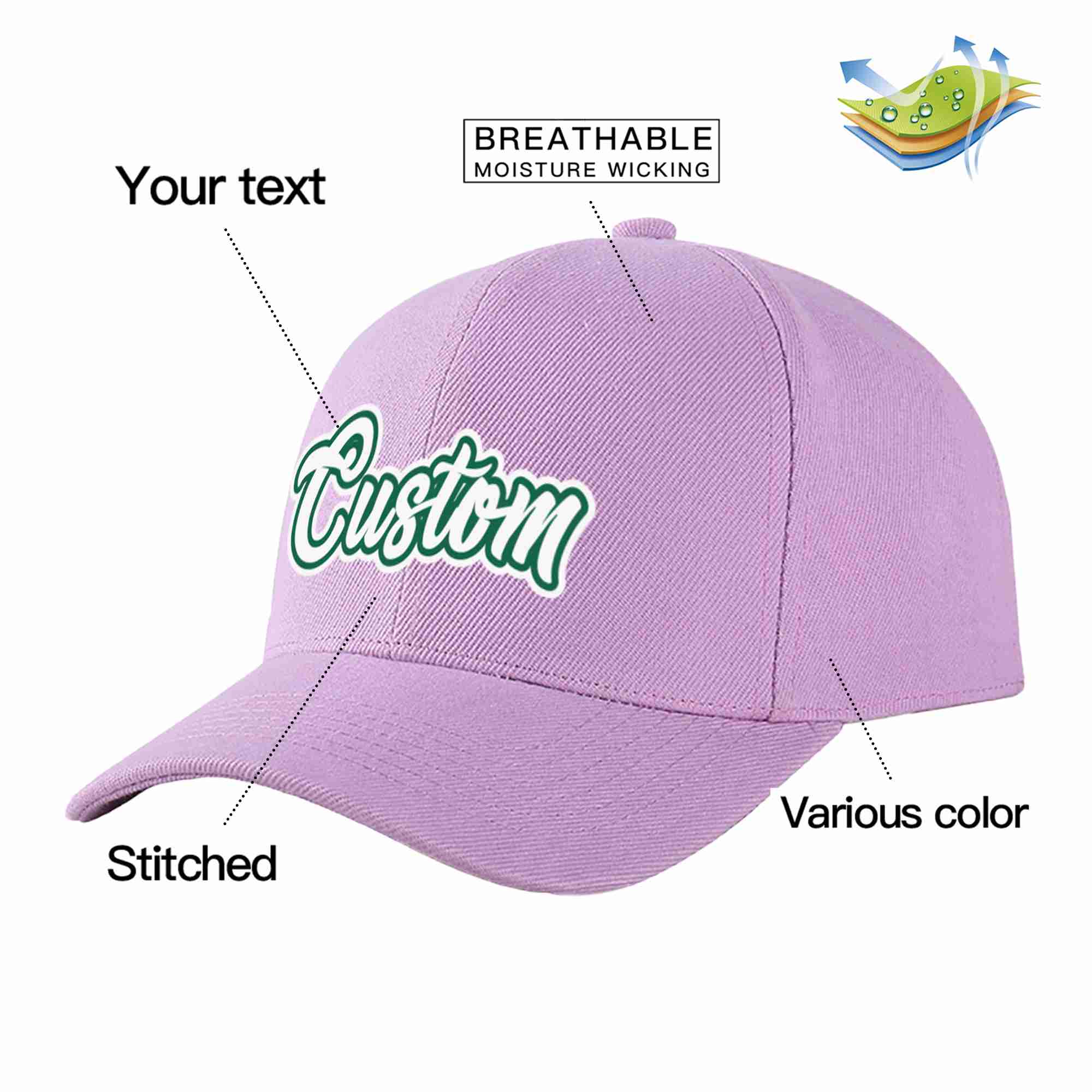 Custom Light Purple White-Kelly Green Curved Eaves Sport Baseball Cap Design for Men/Women/Youth