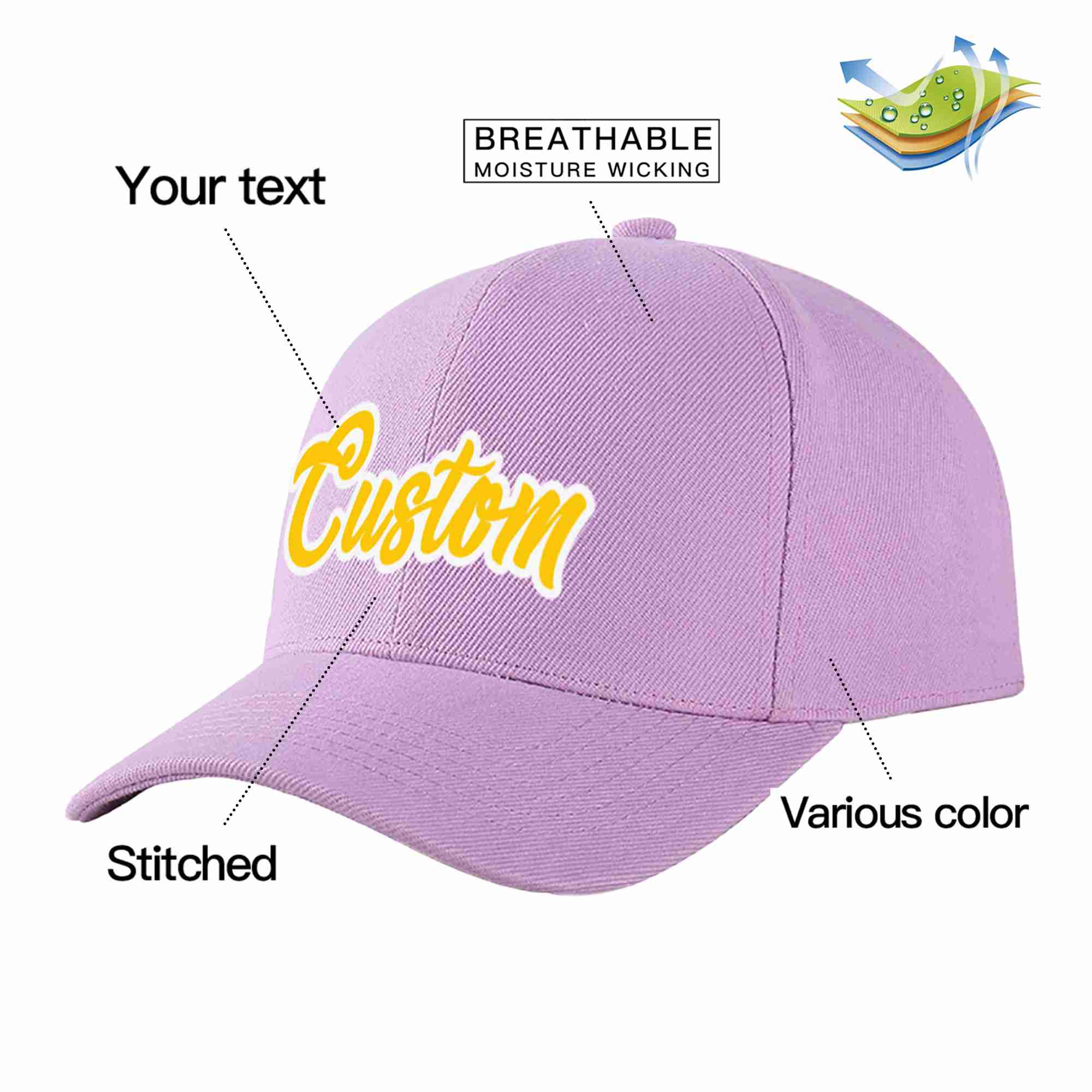 Conception personnalisée de casquette de baseball de sport incurvée violet clair or-blanc pour hommes/femmes/jeunes