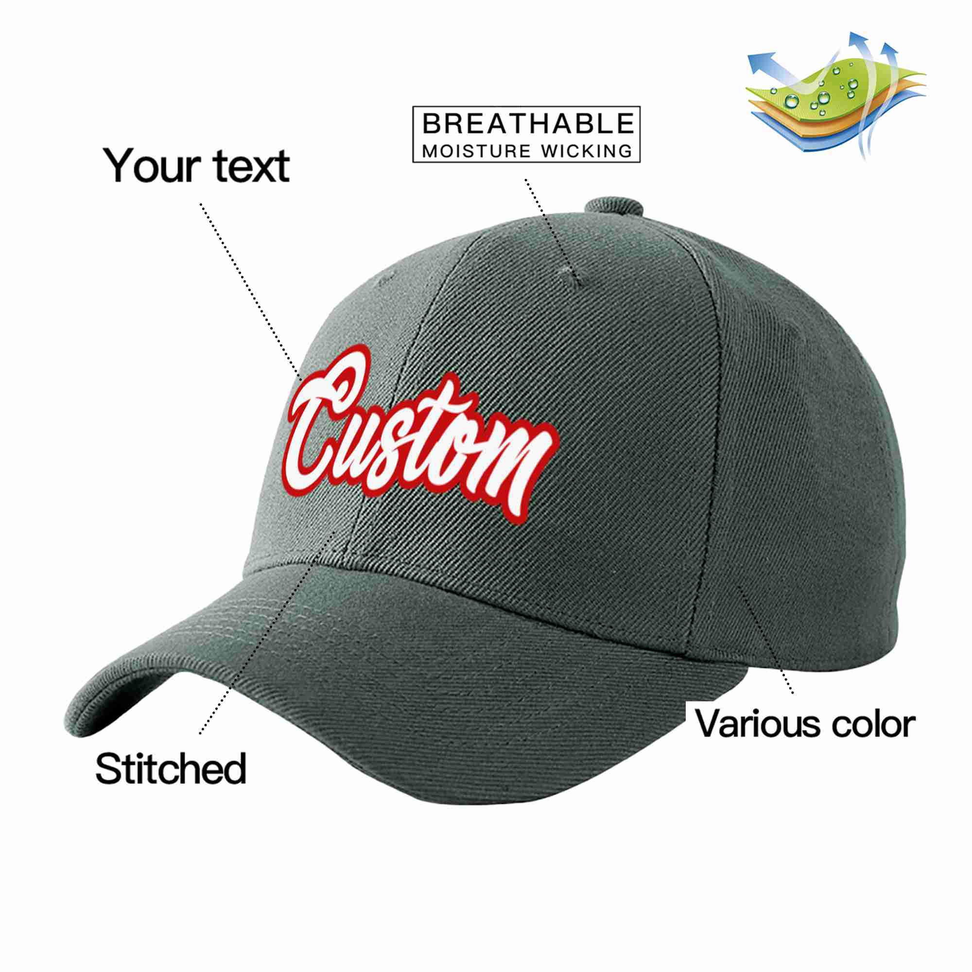 Conception personnalisée de casquette de baseball de sport incurvée gris foncé blanc-rouge pour hommes/femmes/jeunes