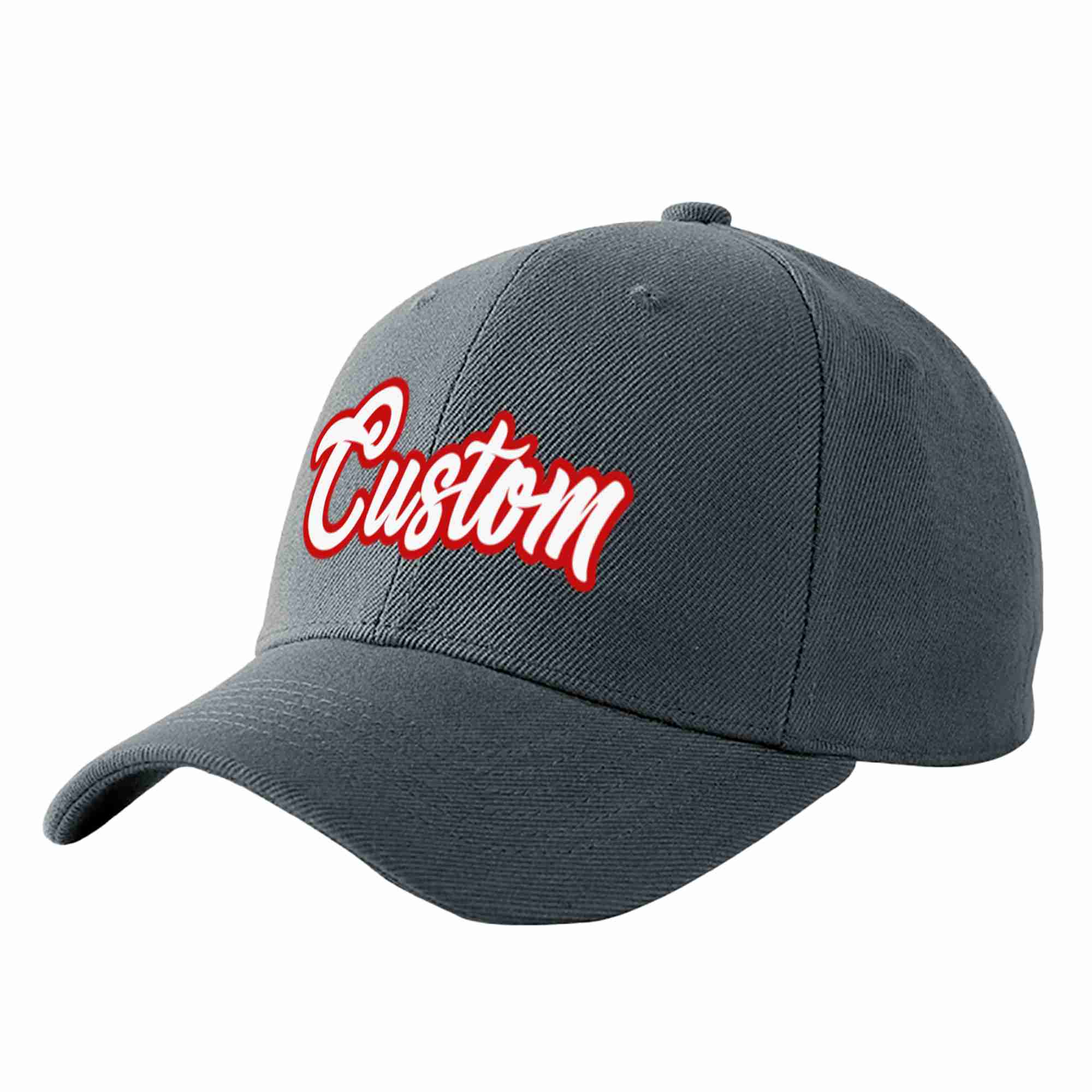 Custom Dark Gray White-Red Curved Eaves Sport Baseball Cap Design for Men/Women/Youth