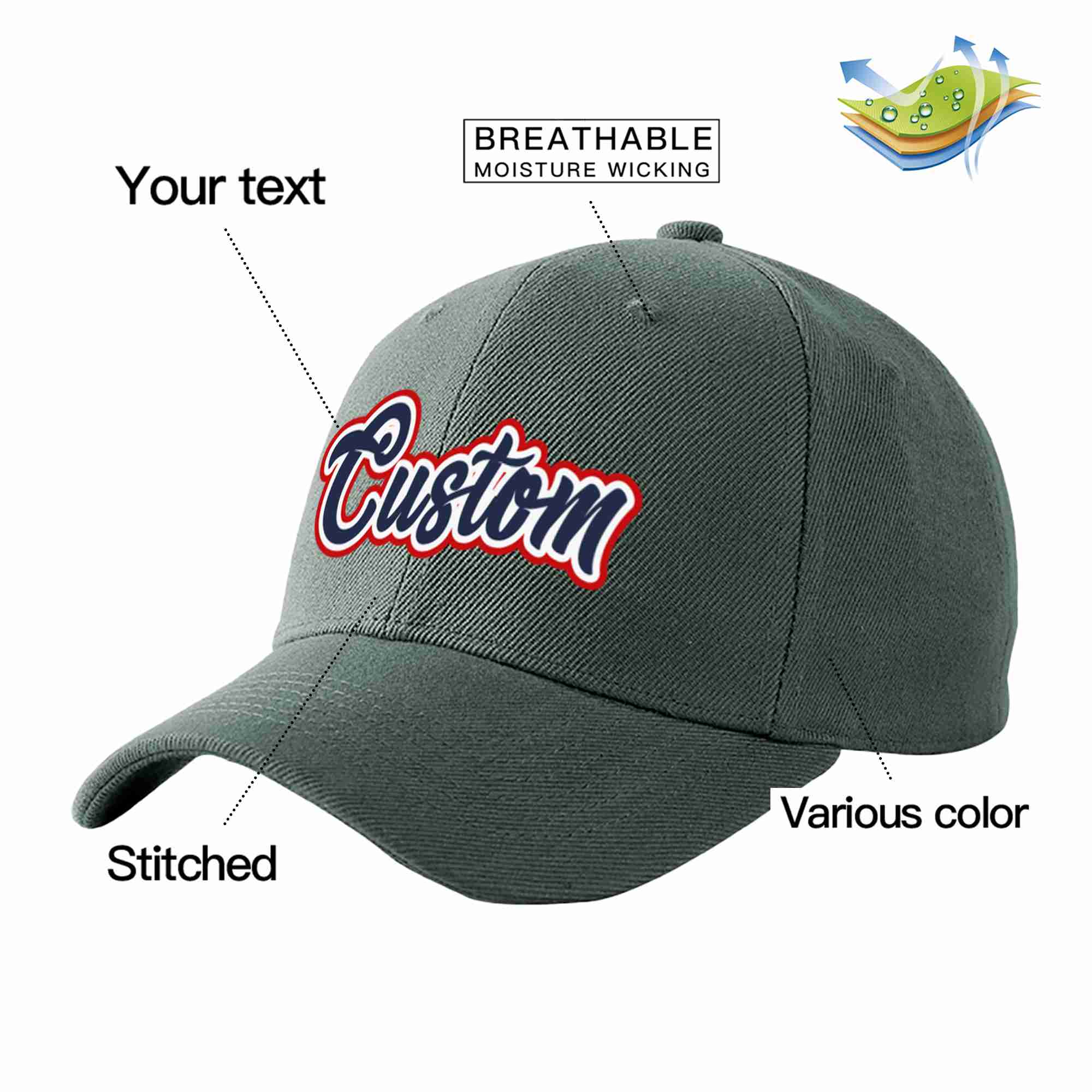 Custom Dark Gray Navy-White Curved Eaves Sport Baseball Cap Design for Men/Women/Youth