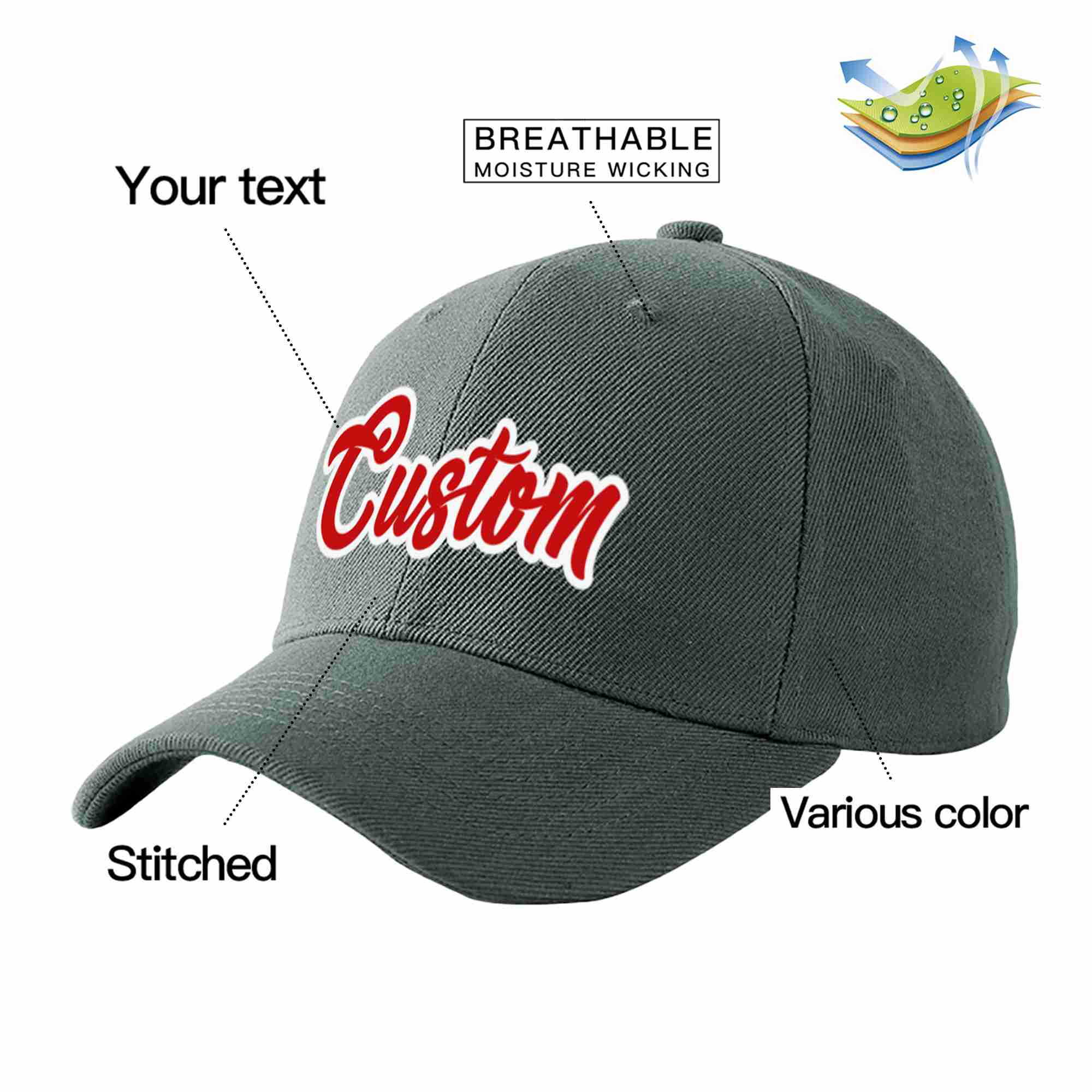 Conception personnalisée de casquette de baseball de sport incurvée gris foncé rouge-blanc pour hommes/femmes/jeunes