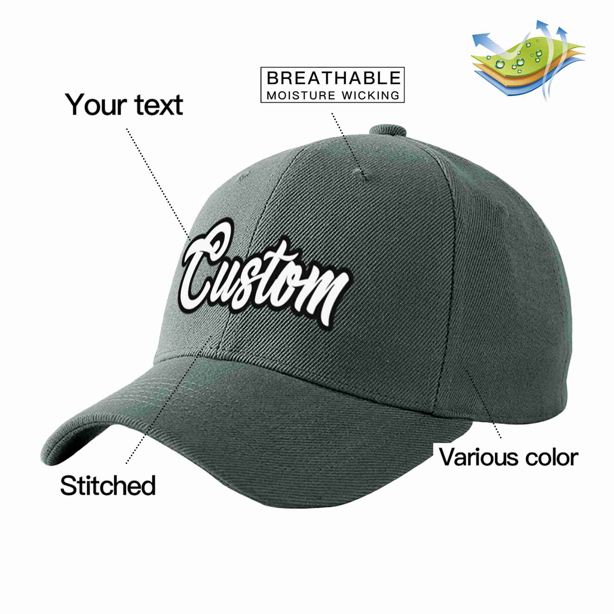 Conception personnalisée de casquette de baseball de sport incurvée gris foncé blanc-noir pour hommes/femmes/jeunes