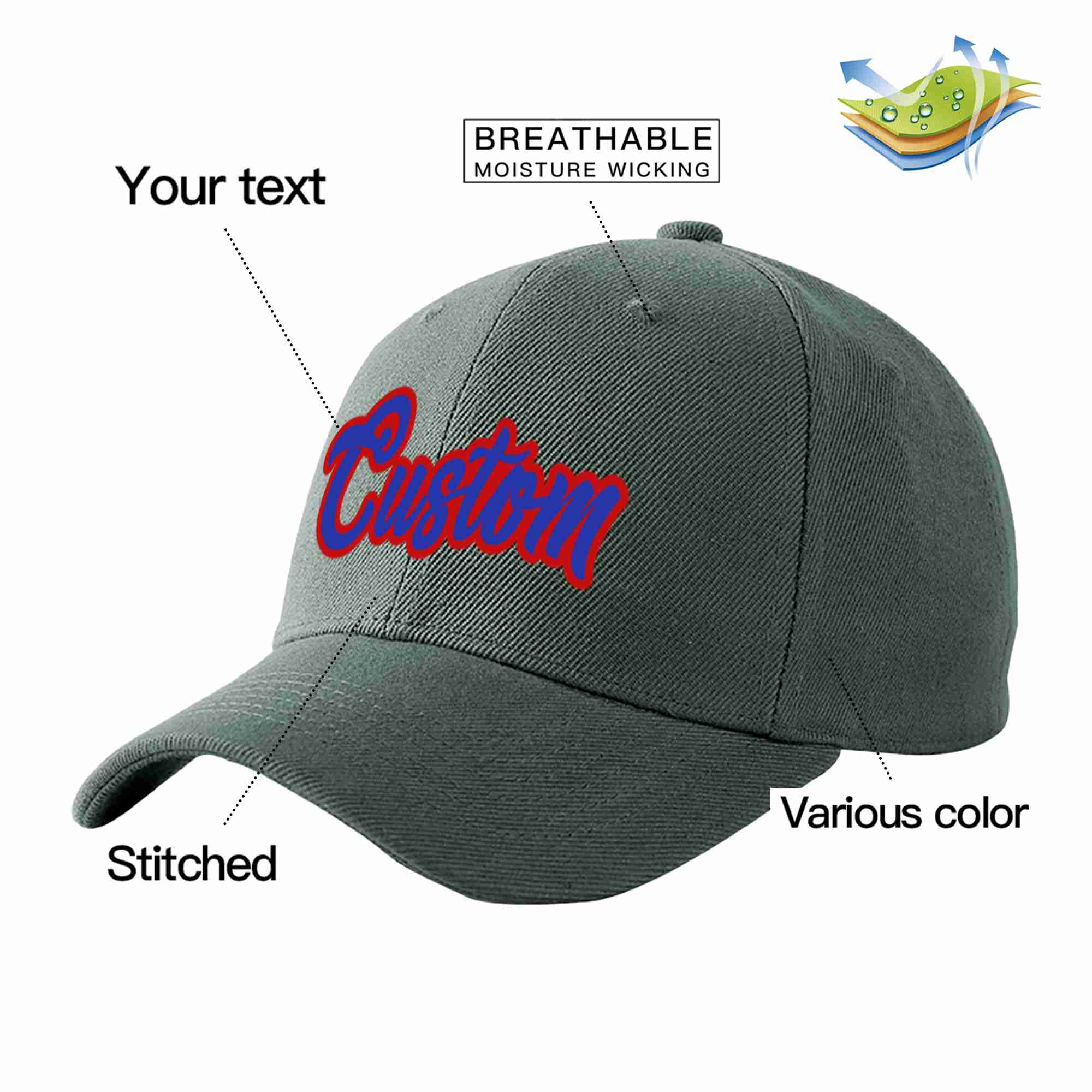 Custom Dark Gray Royal-Red Curved Eaves Sport Baseball Cap Design for Men/Women/Youth