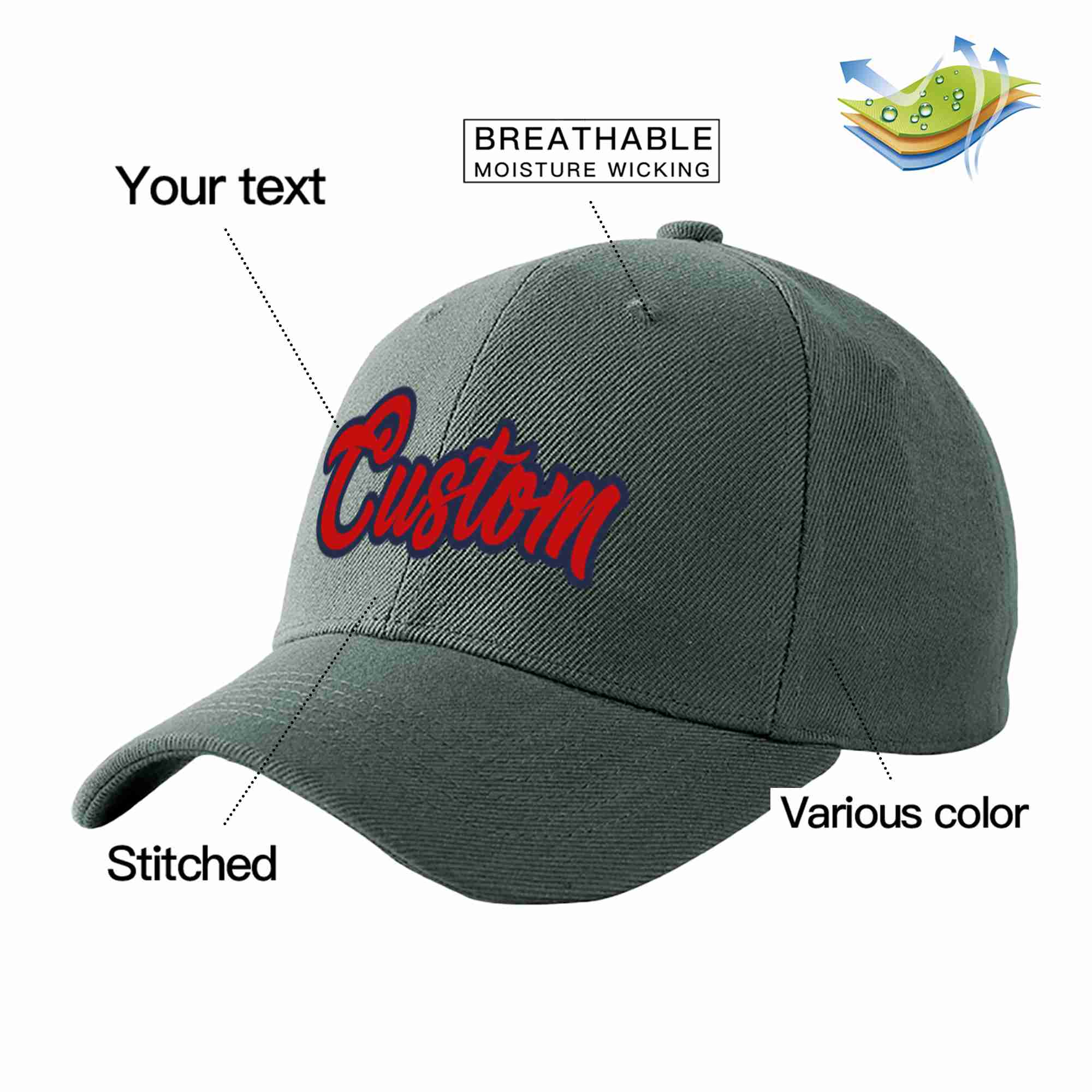 Conception personnalisée de casquette de baseball de sport incurvée gris foncé rouge-marine pour hommes/femmes/jeunes