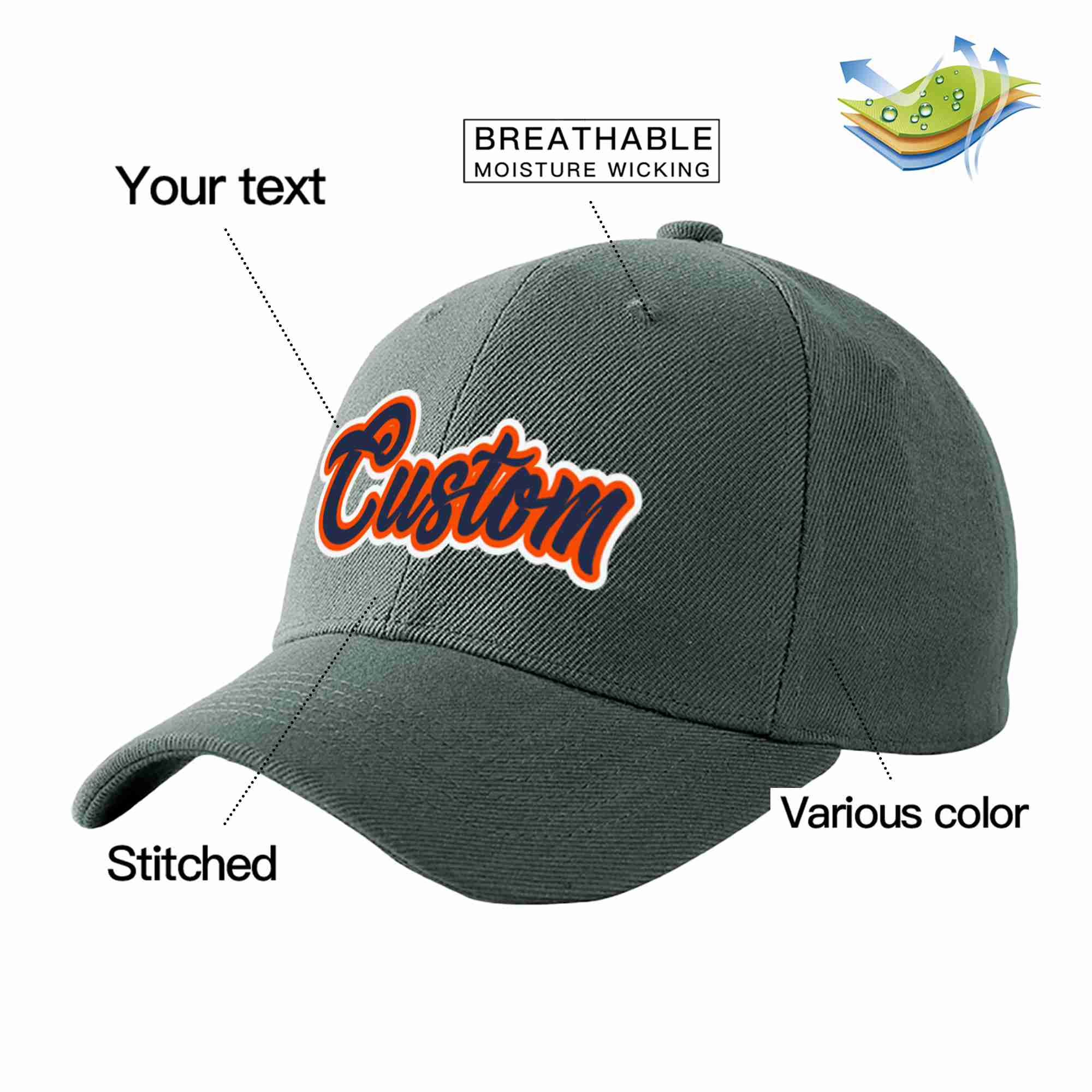 Conception personnalisée de casquette de baseball de sport incurvée gris foncé marine-orange pour hommes/femmes/jeunes