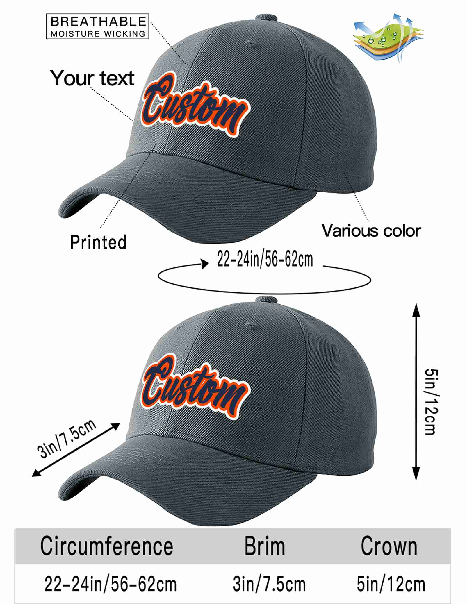 Custom Dark Gray Navy-Orange Curved Eaves Sport Baseball Cap Design for Men/Women/Youth