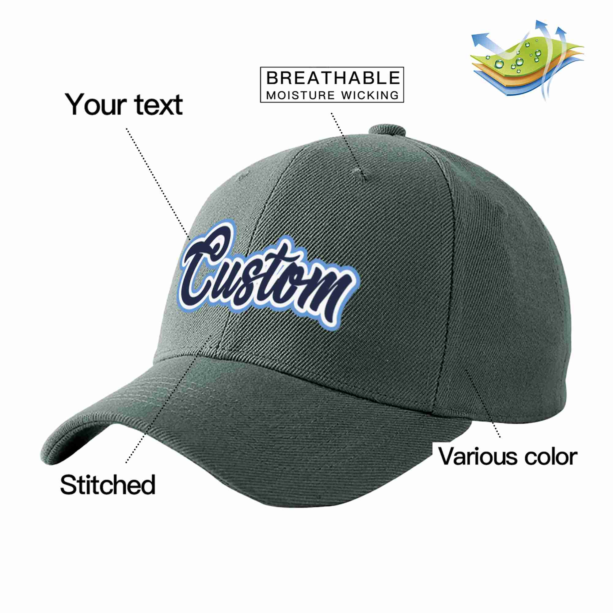 Conception personnalisée de casquette de baseball de sport incurvée gris foncé marine-blanc pour hommes/femmes/jeunes