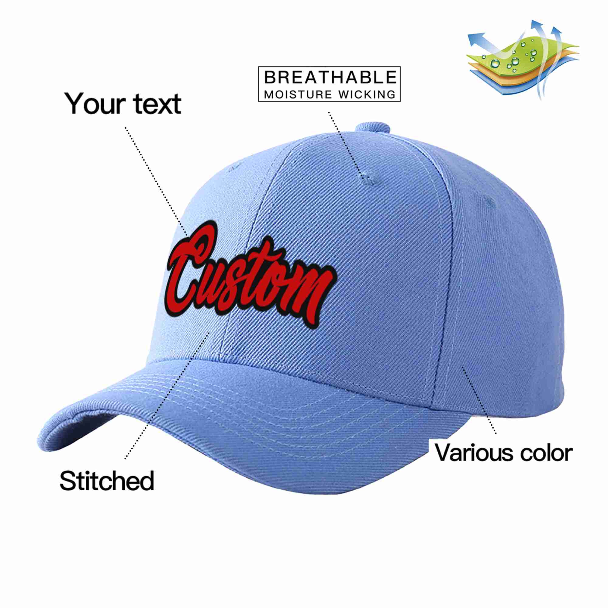 Conception personnalisée de casquette de baseball de sport incurvée bleu ciel rouge-noir pour hommes/femmes/jeunes