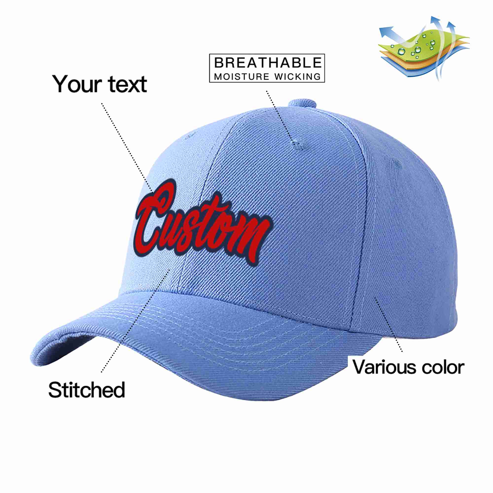 Custom Sky Blue Red-Navy Curved Eaves Sport Baseball Cap Design for Men/Women/Youth