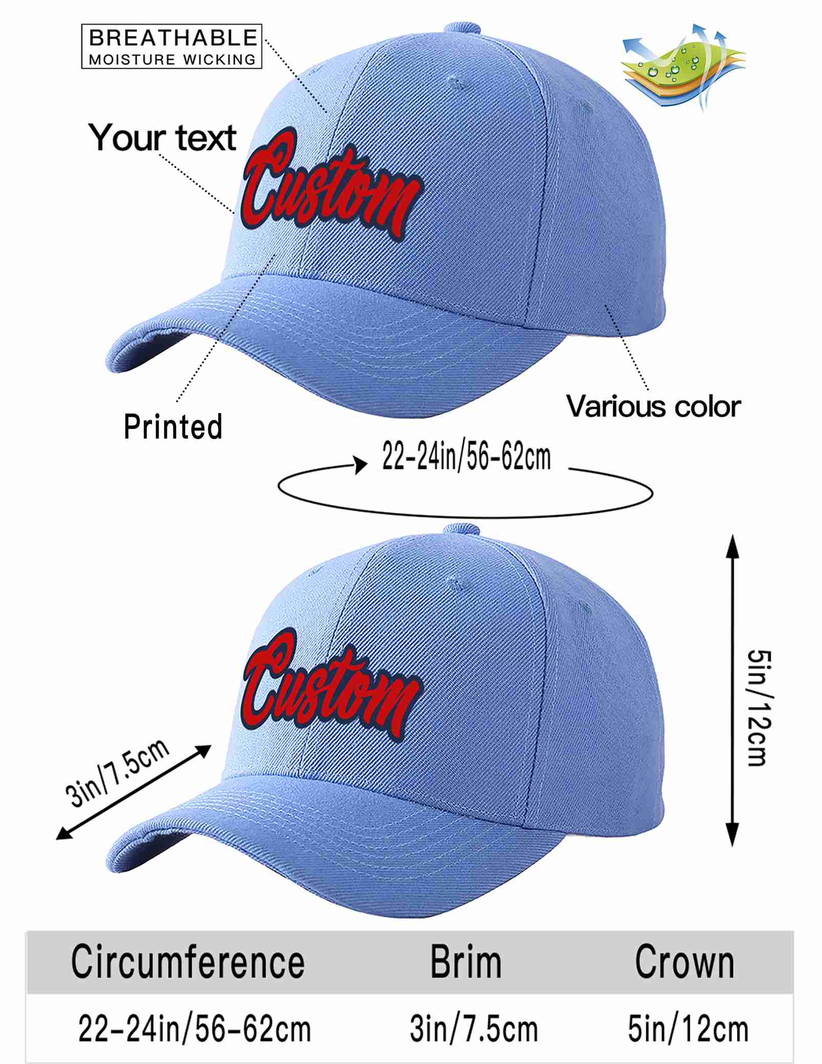 Custom Sky Blue Red-Navy Curved Eaves Sport Baseball Cap Design for Men/Women/Youth