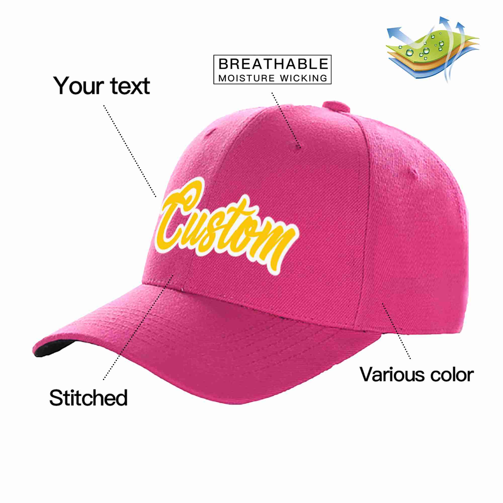 Custom Rose Red Gold-White Curved Eaves Sport Baseball Cap Design for Men/Women/Youth