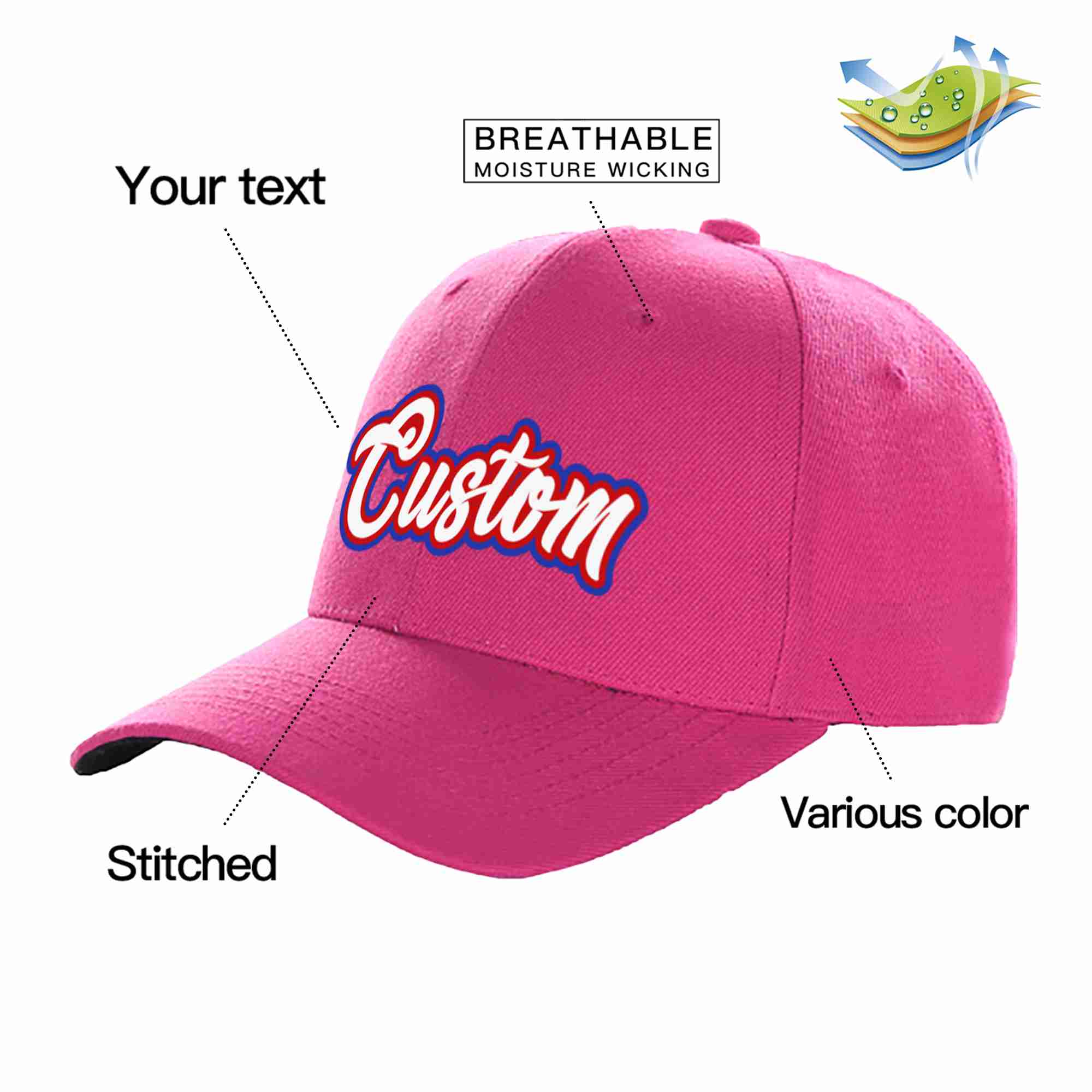 Casquette de baseball de sport incurvée personnalisée Rose rouge blanc-rouge pour hommes/femmes/jeunes