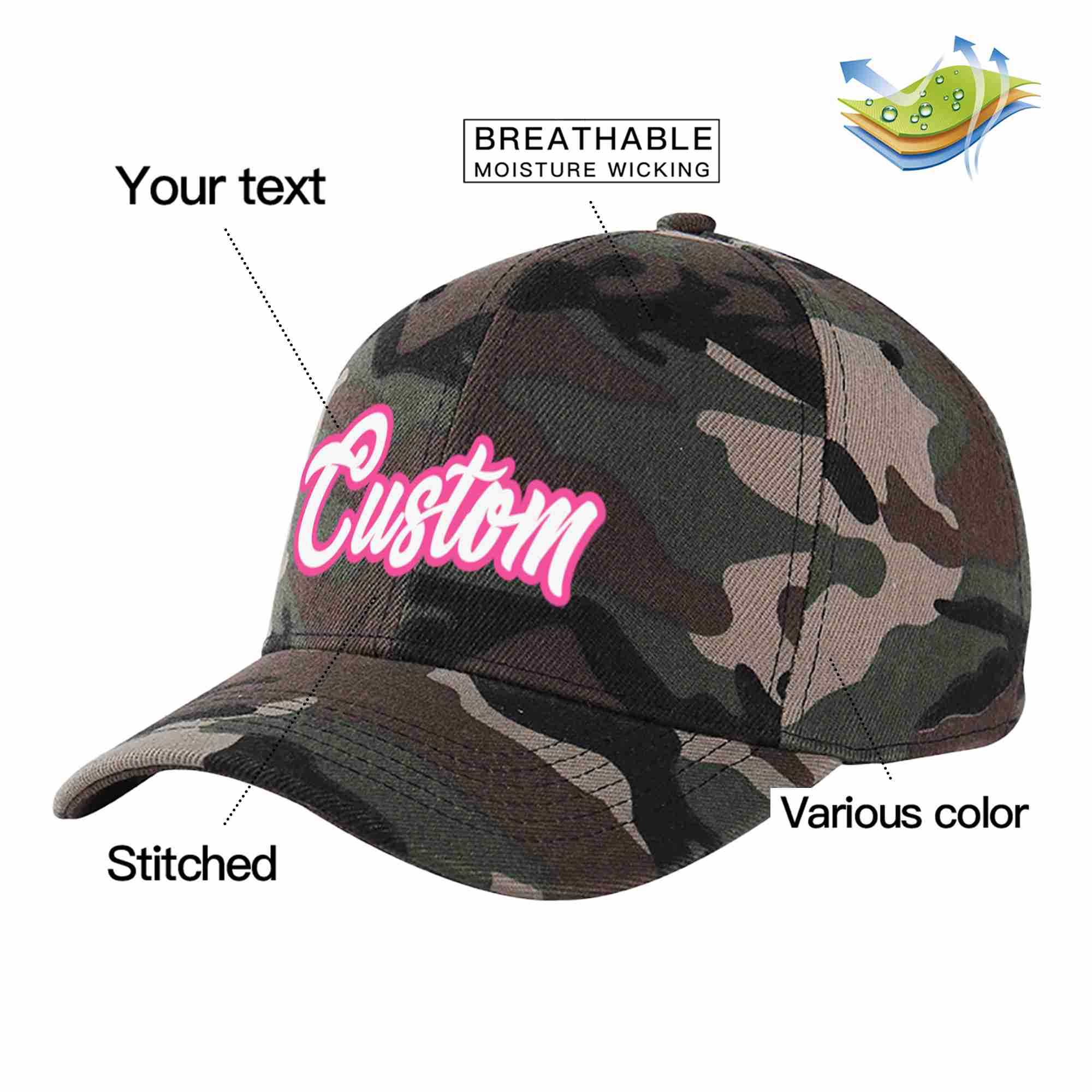 Conception de casquette de baseball de sport à avant-toit incurvé blanc-rose camouflage personnalisé pour hommes/femmes/jeunes