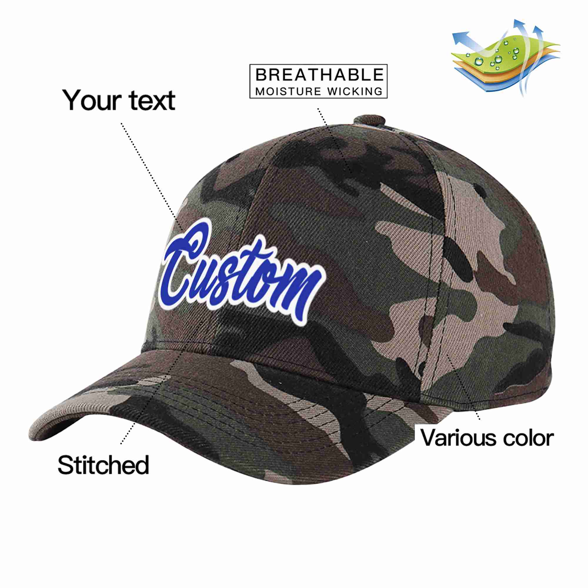 Casquette de baseball de sport à Eaves incurvées, camouflage personnalisé, Royal-blanc, pour hommes/femmes/jeunes