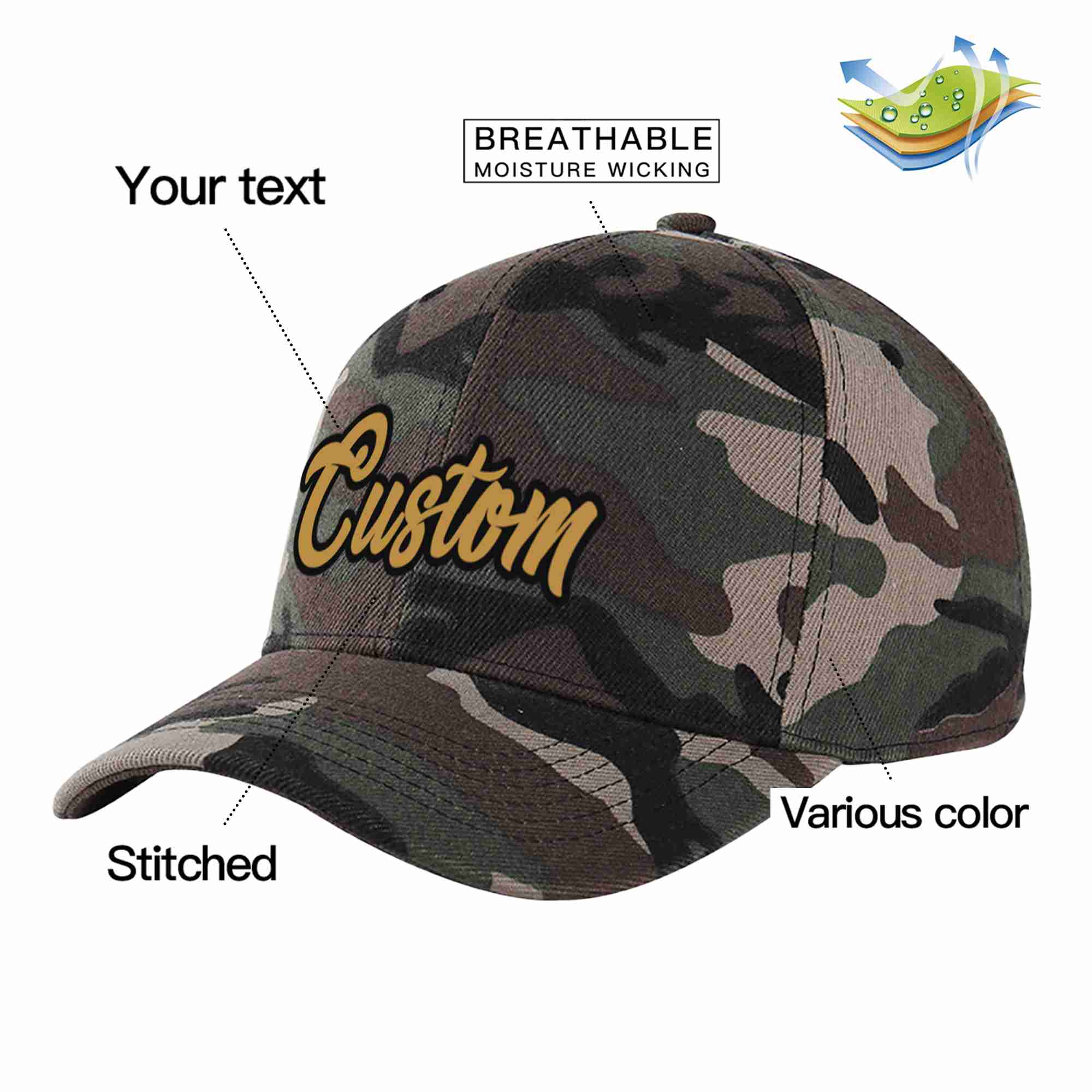 Casquette de baseball de sport à motif camouflage personnalisé, vieux or-noir, avec avant-toit incurvé, pour hommes/femmes/jeunes