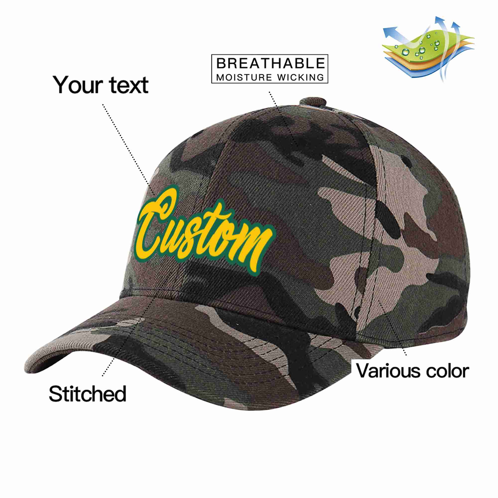 Custom Camo Gold-Kelly Green Curved Eaves Sport Baseball Cap Design for Men/Women/Youth