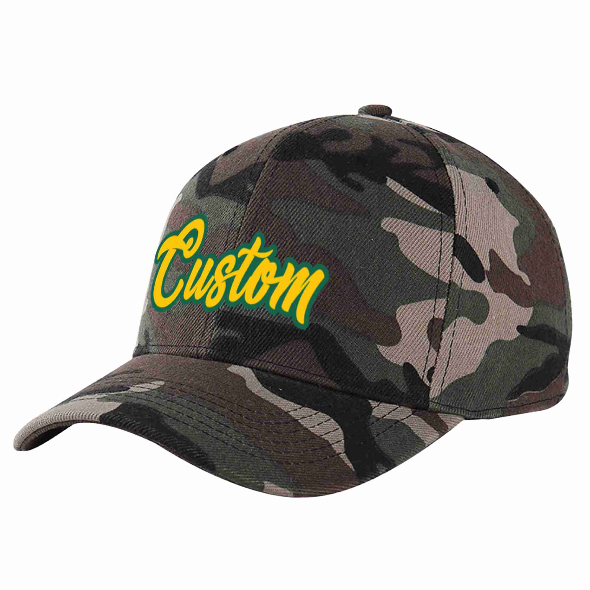 Custom Camo Gold-Kelly Green Curved Eaves Sport Baseball Cap Design for Men/Women/Youth