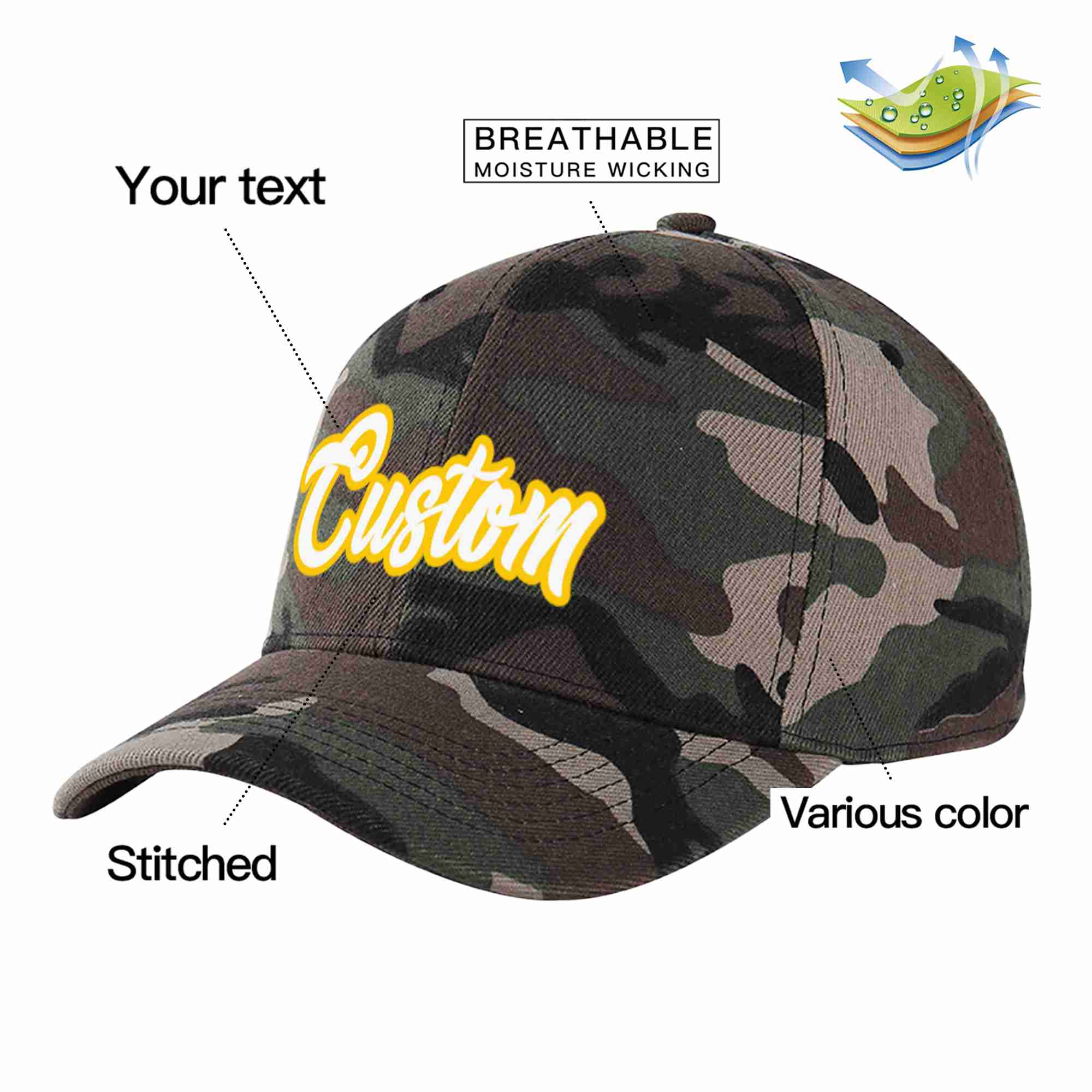 Custom Camo White-Gold Curved Eaves Sport Baseball Cap Design for Men/Women/Youth