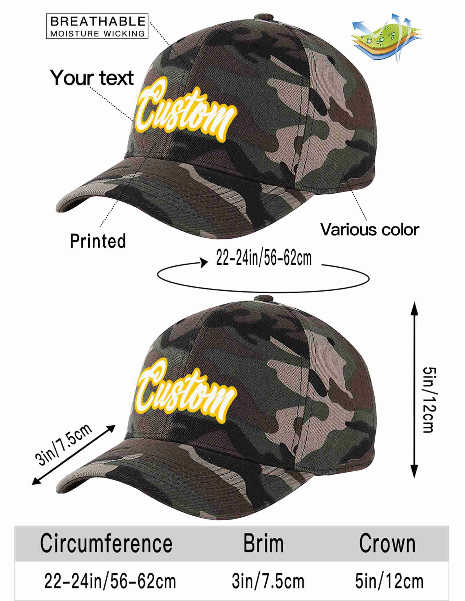 Custom Camo White-Gold Curved Eaves Sport Baseball Cap Design for Men/Women/Youth