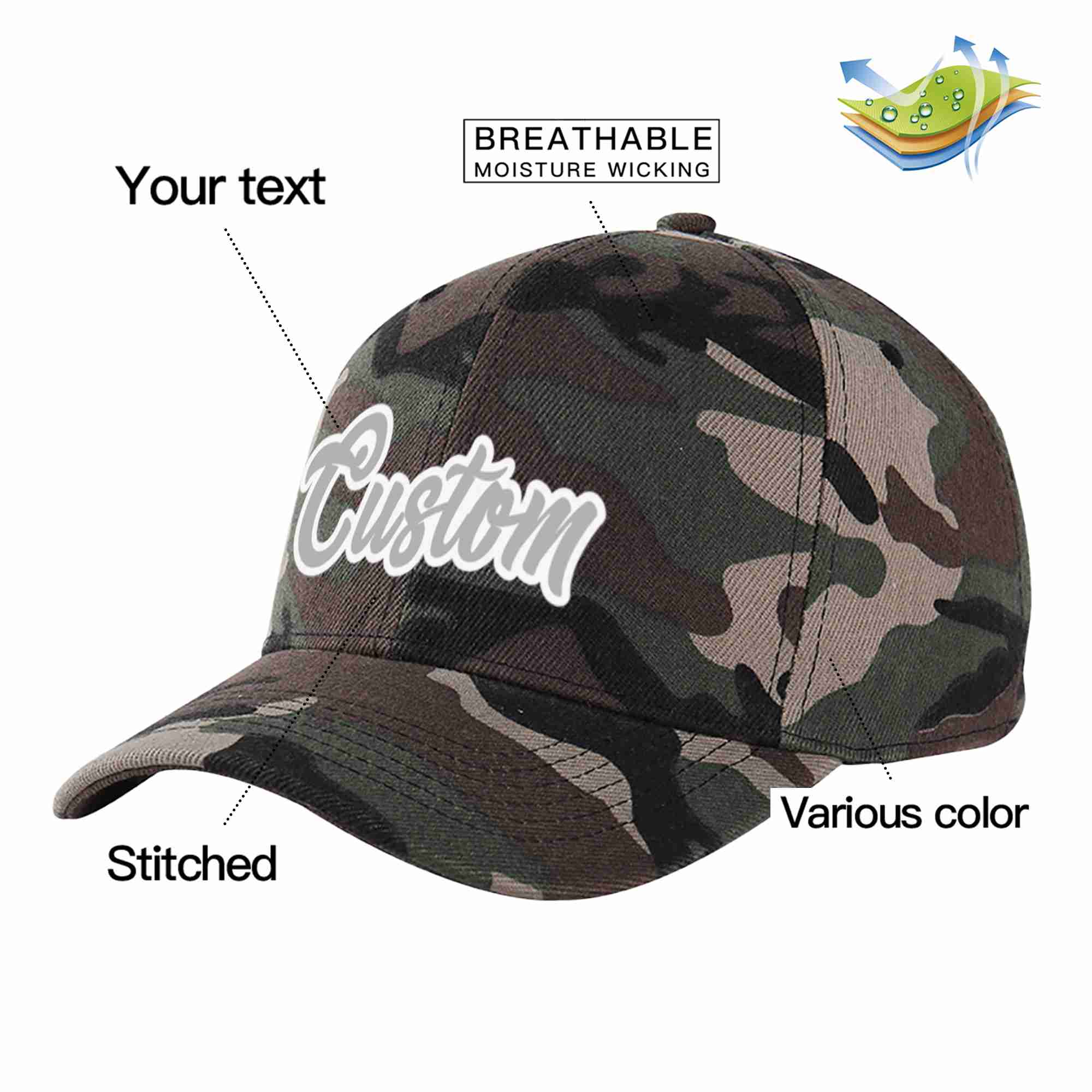 Casquette de baseball de sport incurvée gris-blanc camouflage personnalisée pour hommes/femmes/jeunes