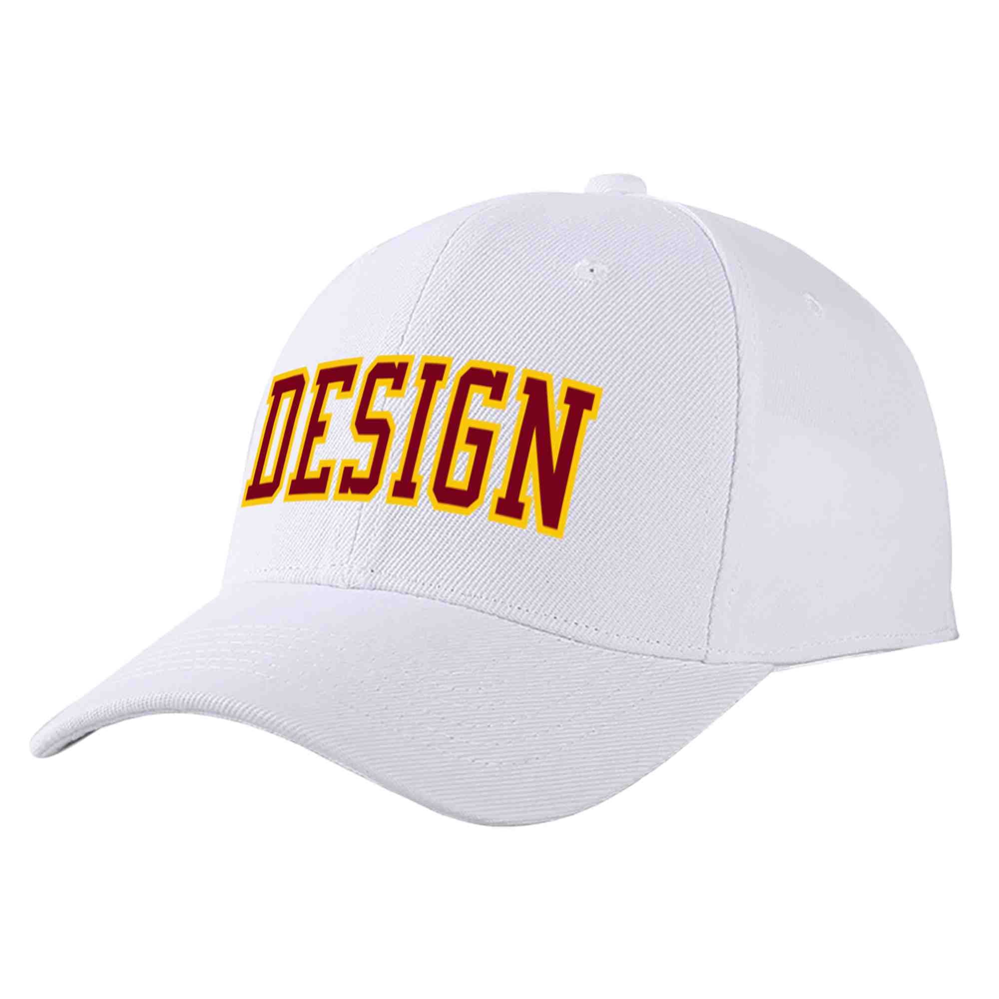 Custom White Crimson-Yellow Curved Eaves Sport Design Baseball Cap