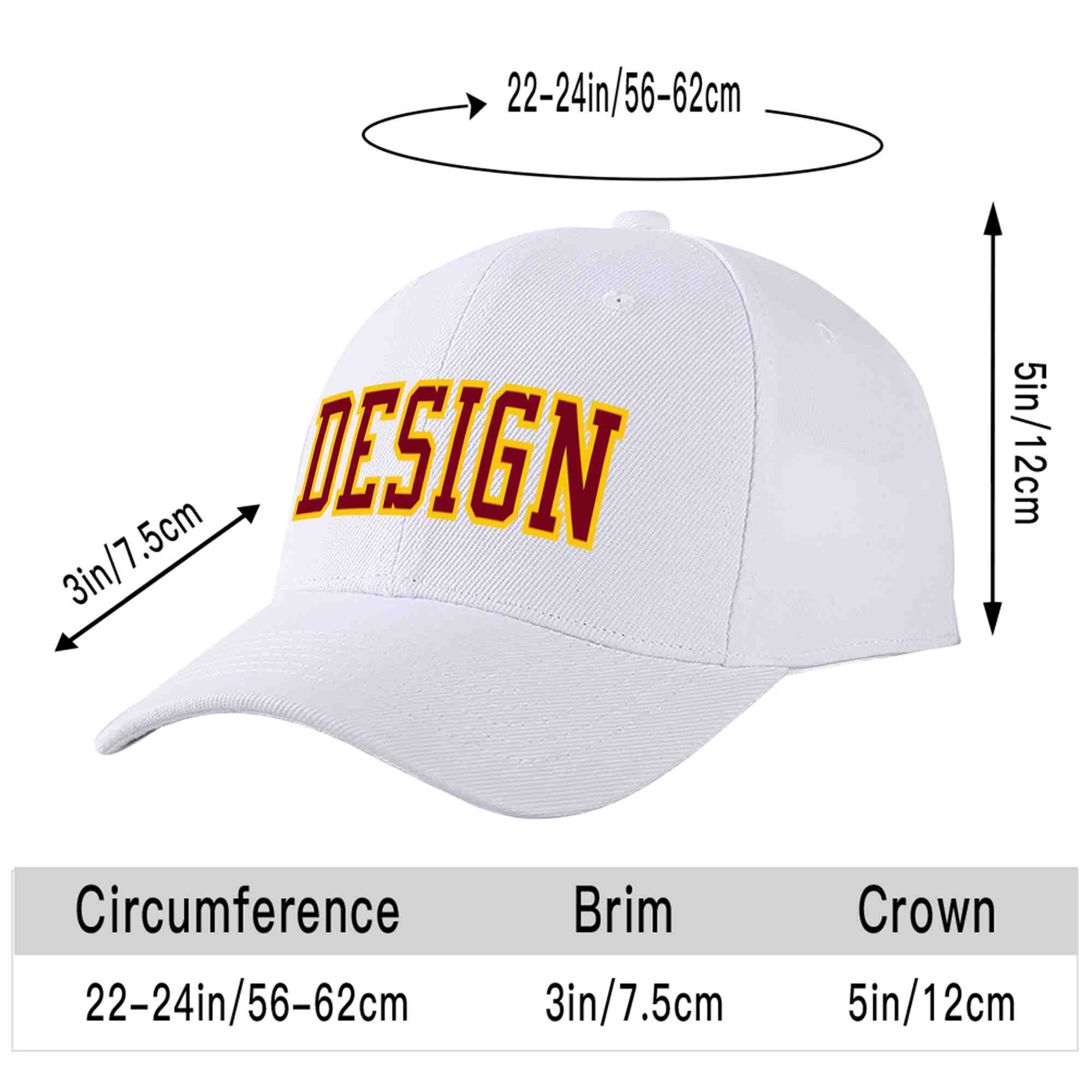 Custom White Crimson-Yellow Curved Eaves Sport Design Baseball Cap