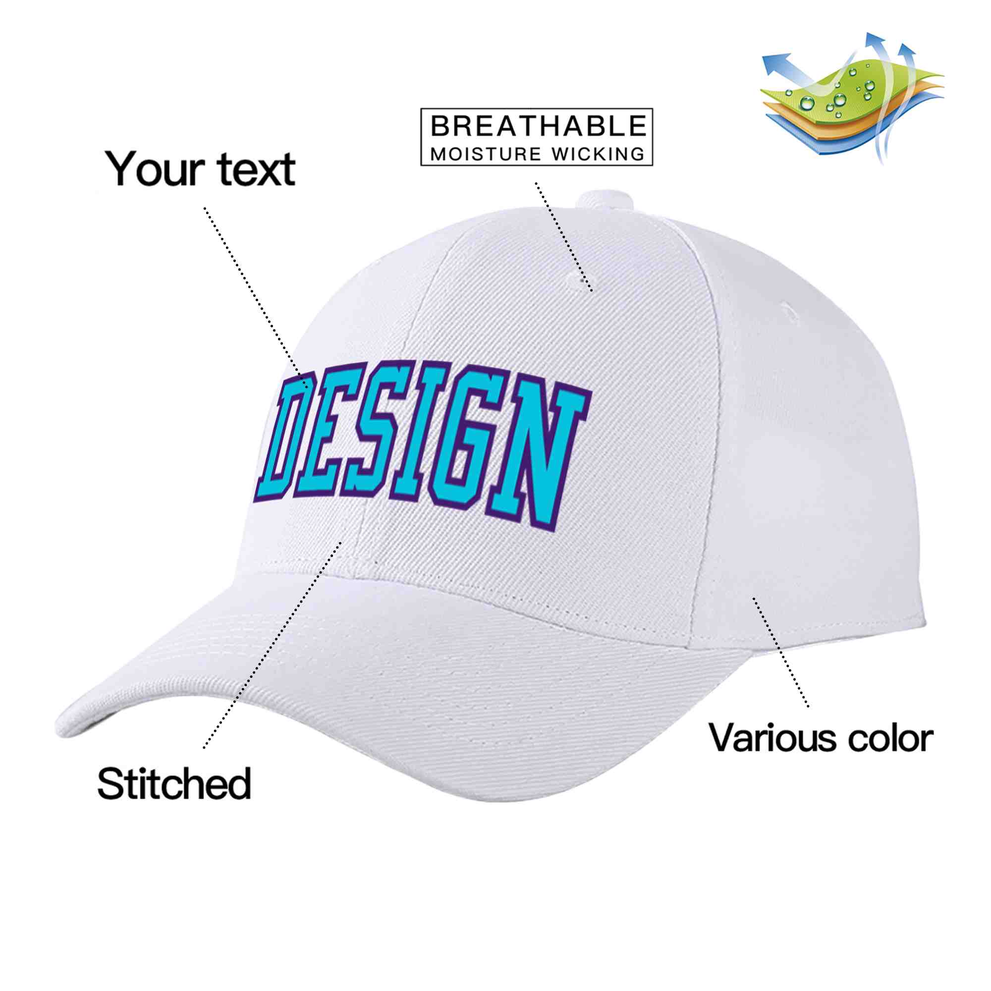 Custom White Light Blue-Purple Curved Eaves Sport Design Baseball Cap