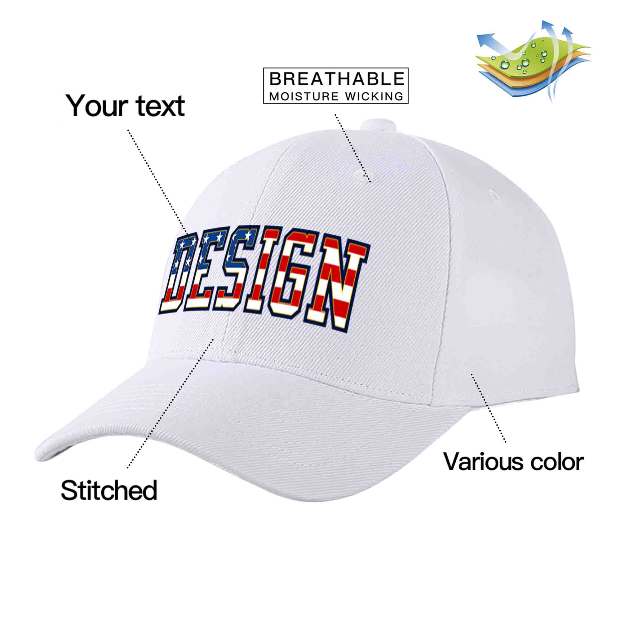 Casquette de baseball personnalisée avec drapeau américain vintage, design sportif, avec avant-toit incurvé doré, blanc