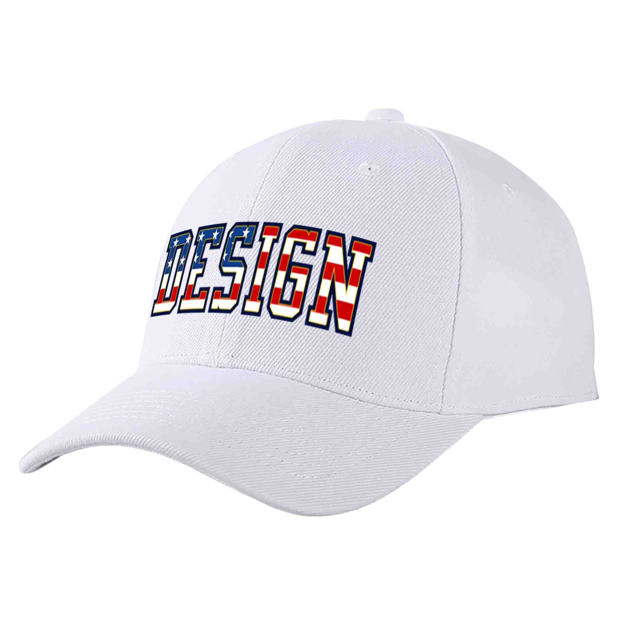 Casquette de baseball personnalisée avec drapeau américain vintage, design sportif, avec avant-toit incurvé doré, blanc