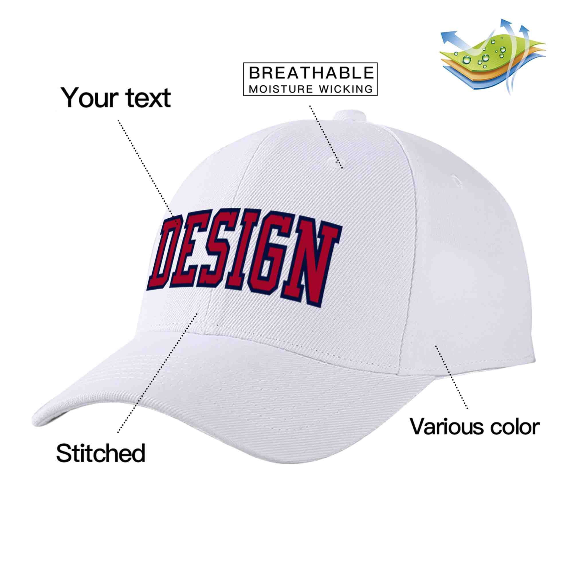 Casquette de baseball personnalisée blanche rouge-marine incurvée Eaves Sport Design