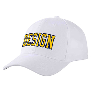 Custom White Yellow-Navy Curved Eaves Sport Design Baseball Cap