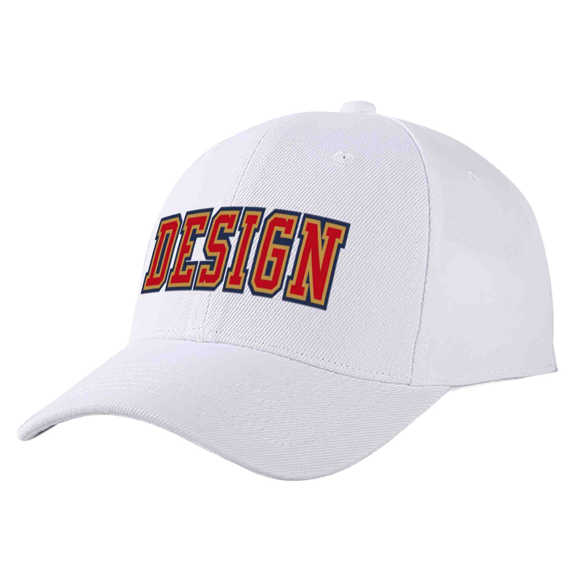 Custom White Red-Old Gold Curved Eaves Sport Design Baseball Cap