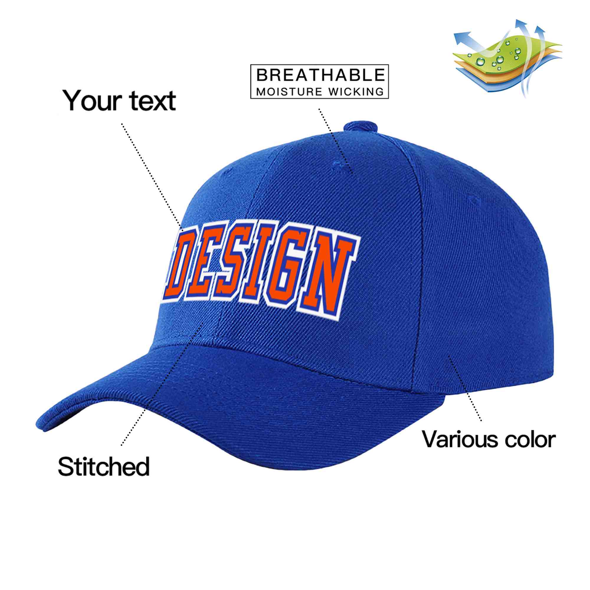 Custom Royal Orange-Royal Curved Eaves Sport Design Baseball Cap