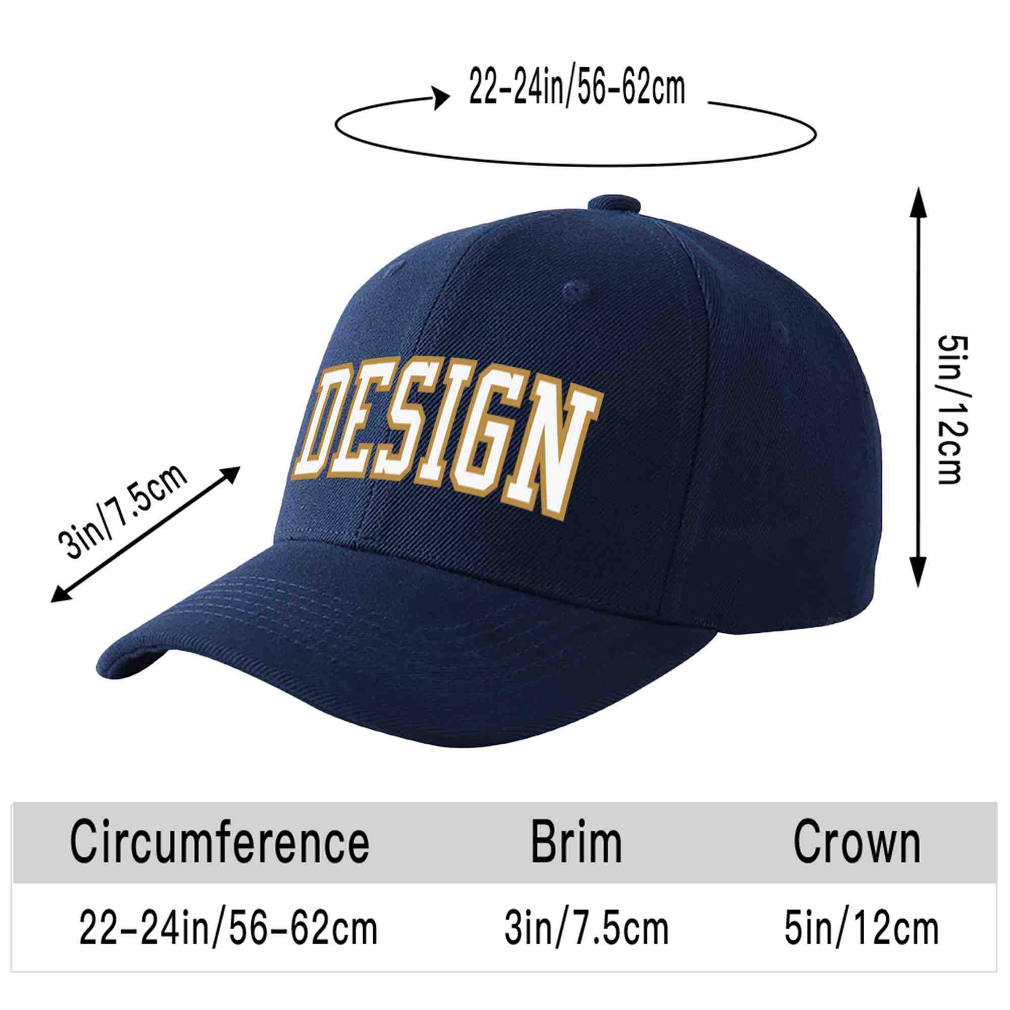 Casquette de baseball personnalisée bleu marine-vieil or incurvée avec avant-toit et design sportif