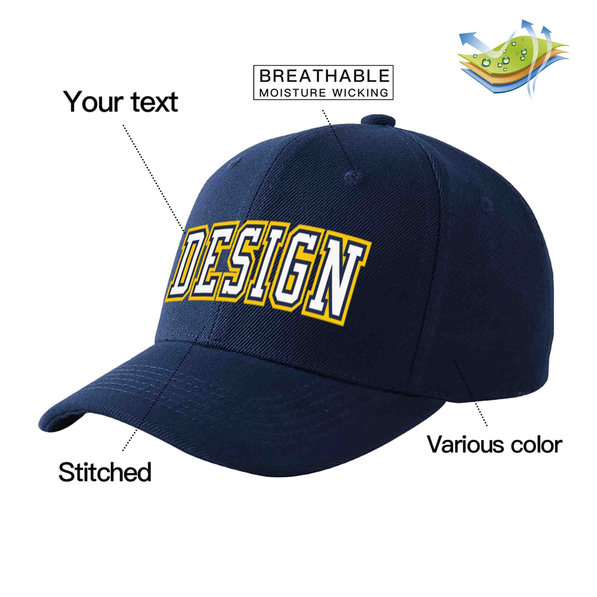 Custom Navy White-Navy Curved Eaves Sport Design Baseball Cap