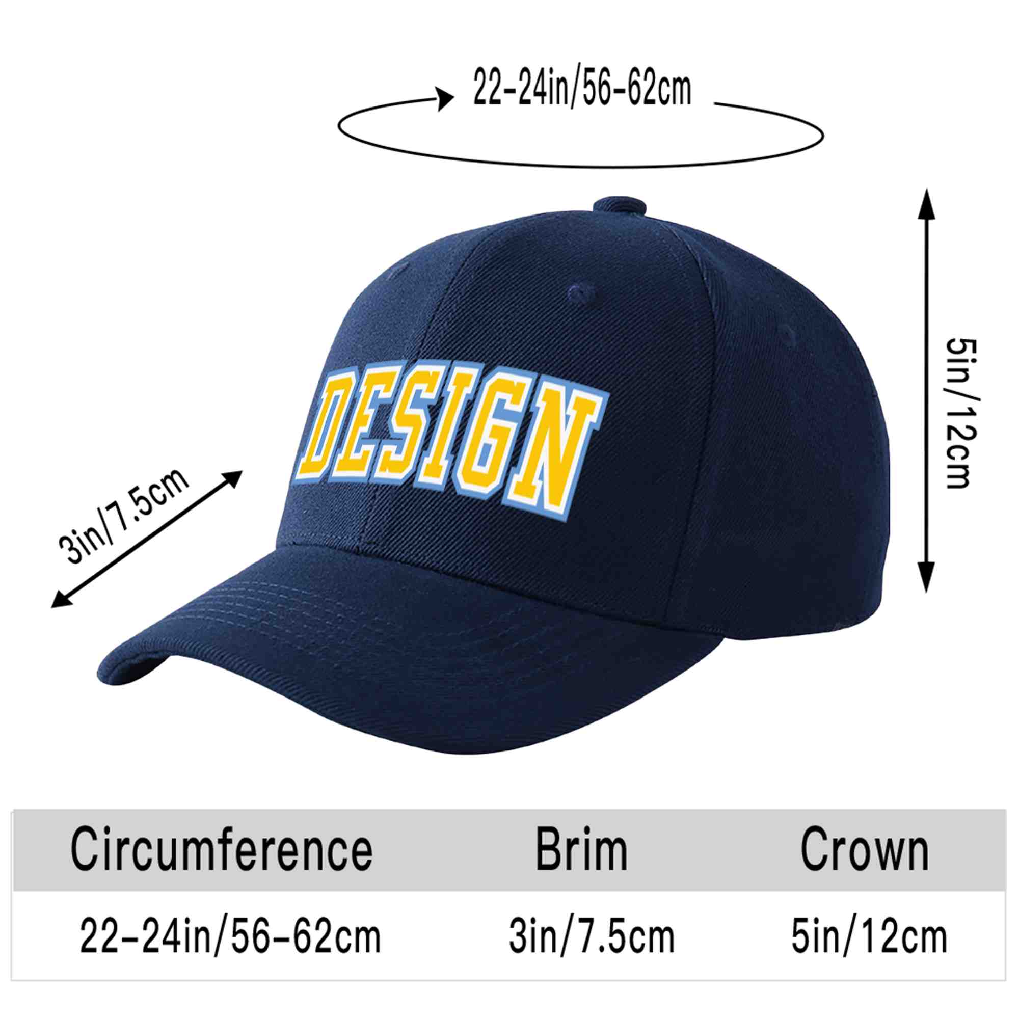 Custom Navy Gold-White Curved Eaves Sport Design Baseball Cap