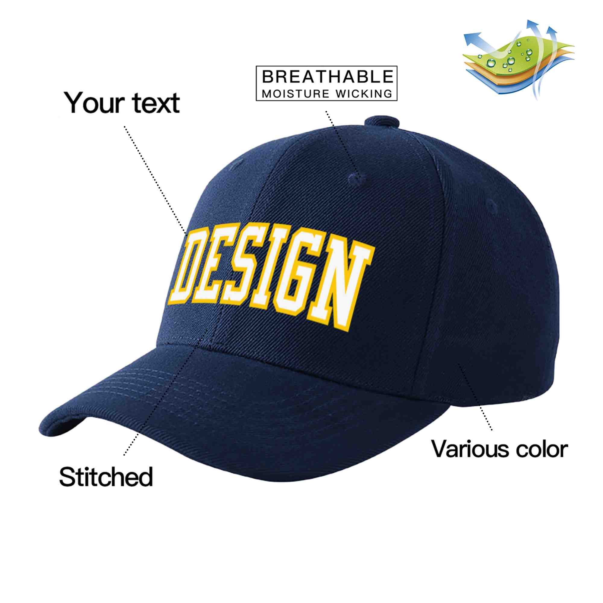 Custom Navy White-Gold Curved Eaves Sport Design Baseball Cap