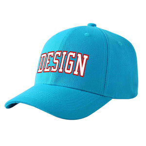 Custom Aqua White-Red Curved Eaves Sport Design Baseball Cap