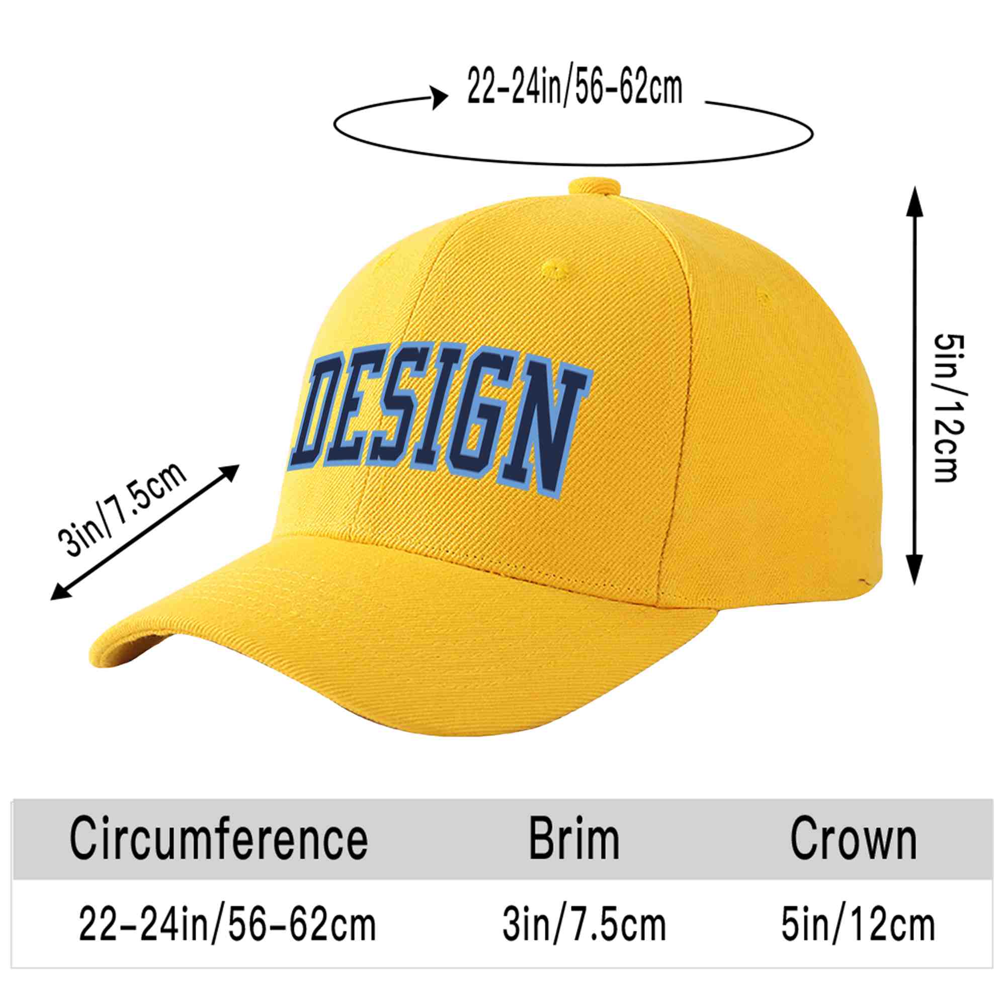 Custom Gold Navy-Light Blue Curved Eaves Sport Design Baseball Cap